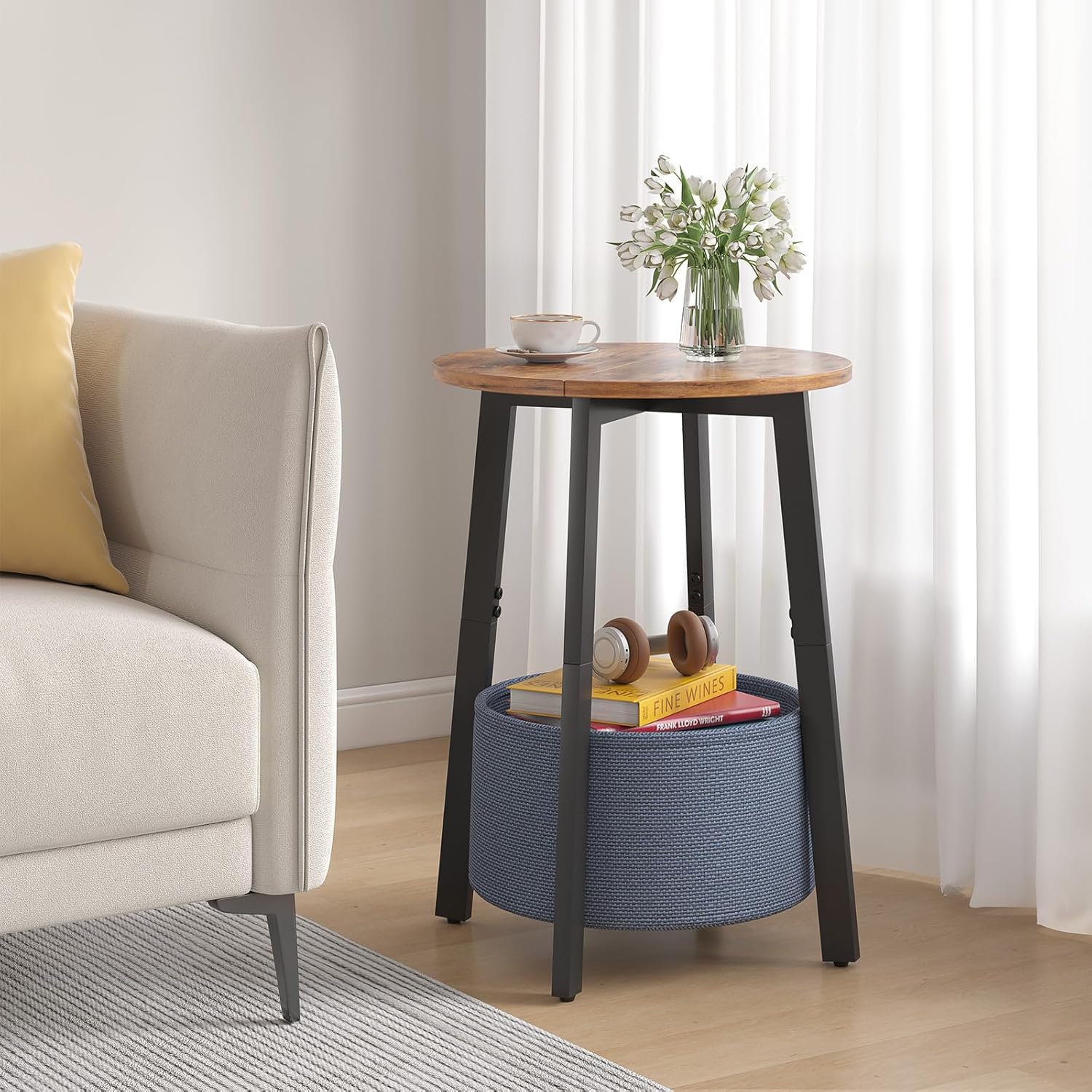 sthmec Small Round Side End Table with Storage Basket, Round Bedside Sofa Couch Coffee Tables for Small Places with Metal Frame, Modern Nighstands for Living Room Bedroom, Rustic Brown