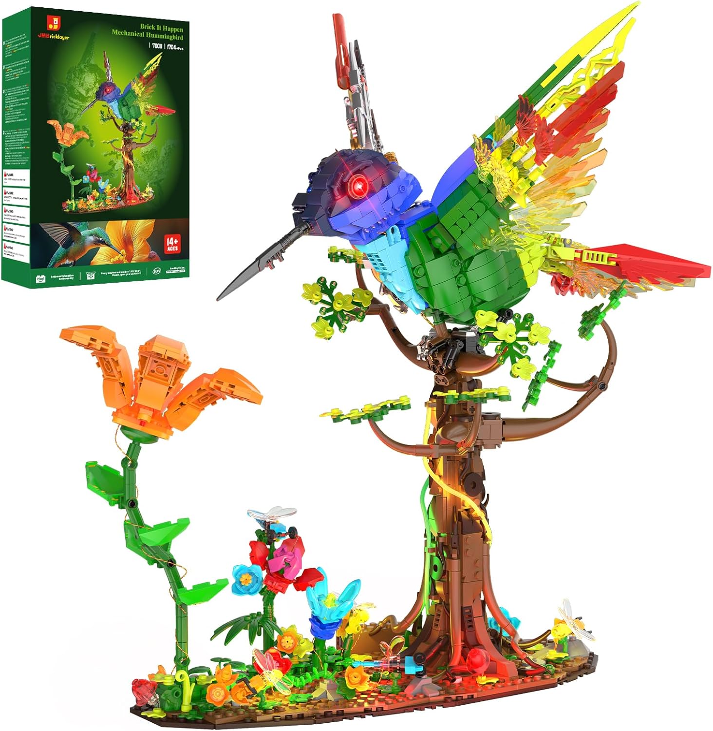 JMBricklayer Mechanical Hummingbird Building Set with LED Light, Bird Model Sets for Adults, Flower Animal Collection Toy, Art Creative Gifts, Home & Office Décor, Ideas for Women & Men Kids 14+