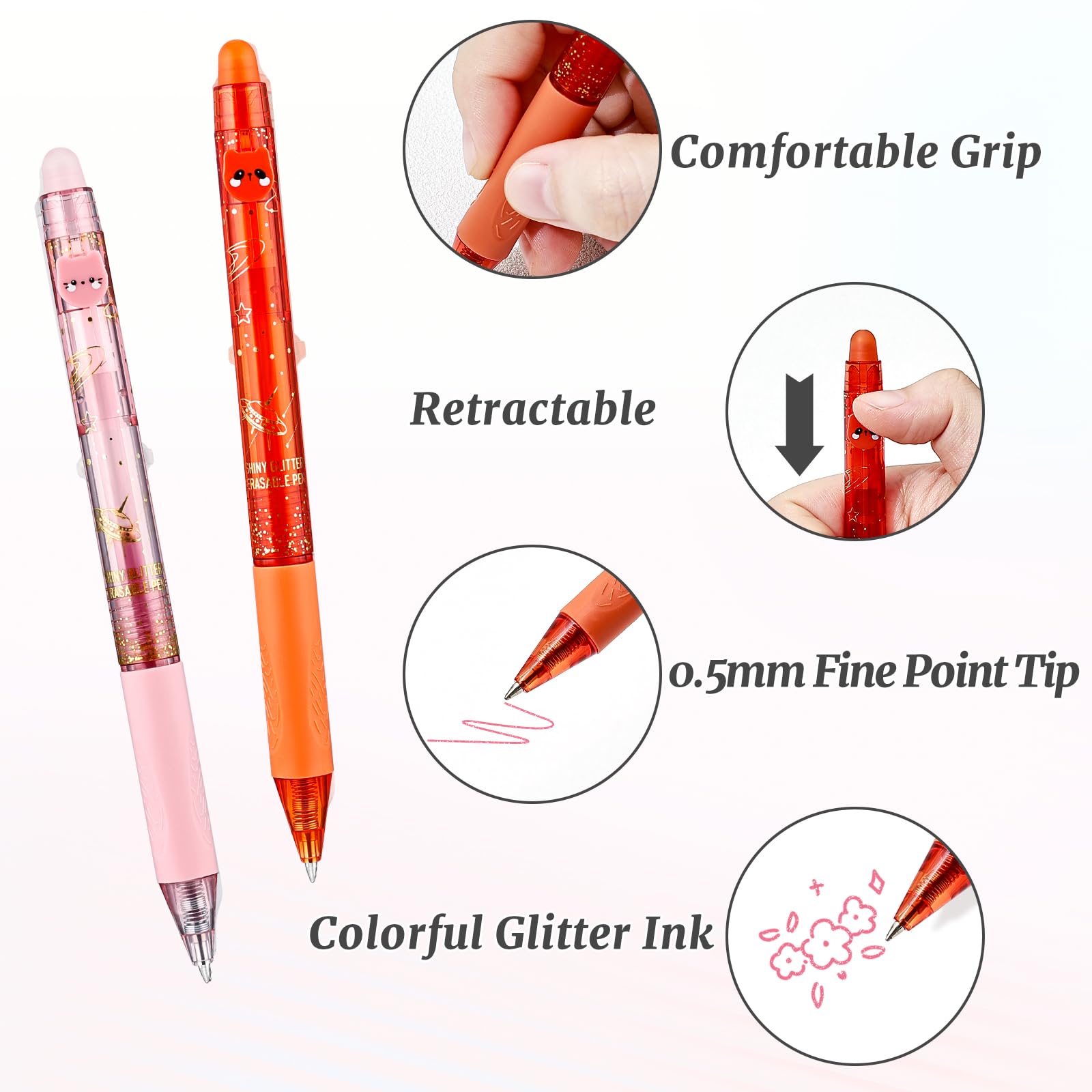 Lot de 12 stylos à encre gel effaçable à paillettes, pointe fine