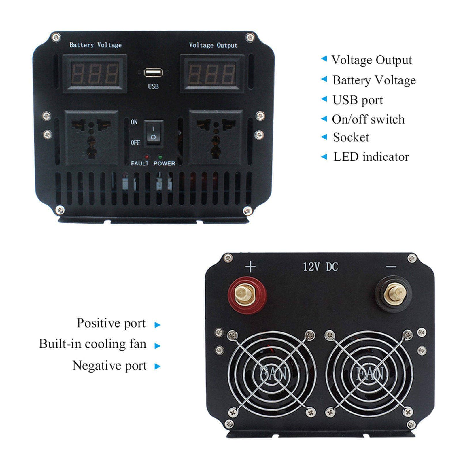 Falownik sinusoidalny o mocy ciągłej 3000 W/szczytowej 6000 W, podwójne gniazdo, ekran LCD, obudowa ze stopu aluminium