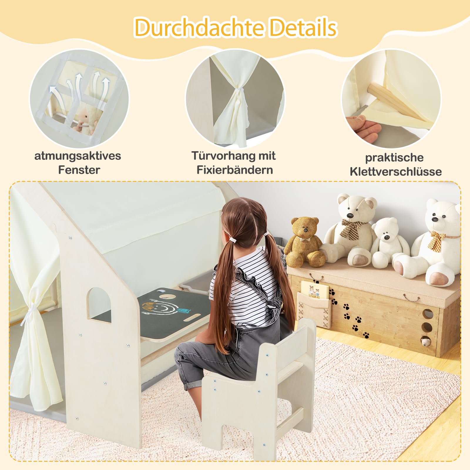 GOPLUS 6 in 1 Kinderzelt, Spielzelt Holz mit Schreibtisch, Stuhl & doppelseitige Tafel, Spielhaus Montessori mit Stauraum, Matte & Vorhänge, Holzspielzelt Indoor für Kinder von 2-6 Jahren (Klein)