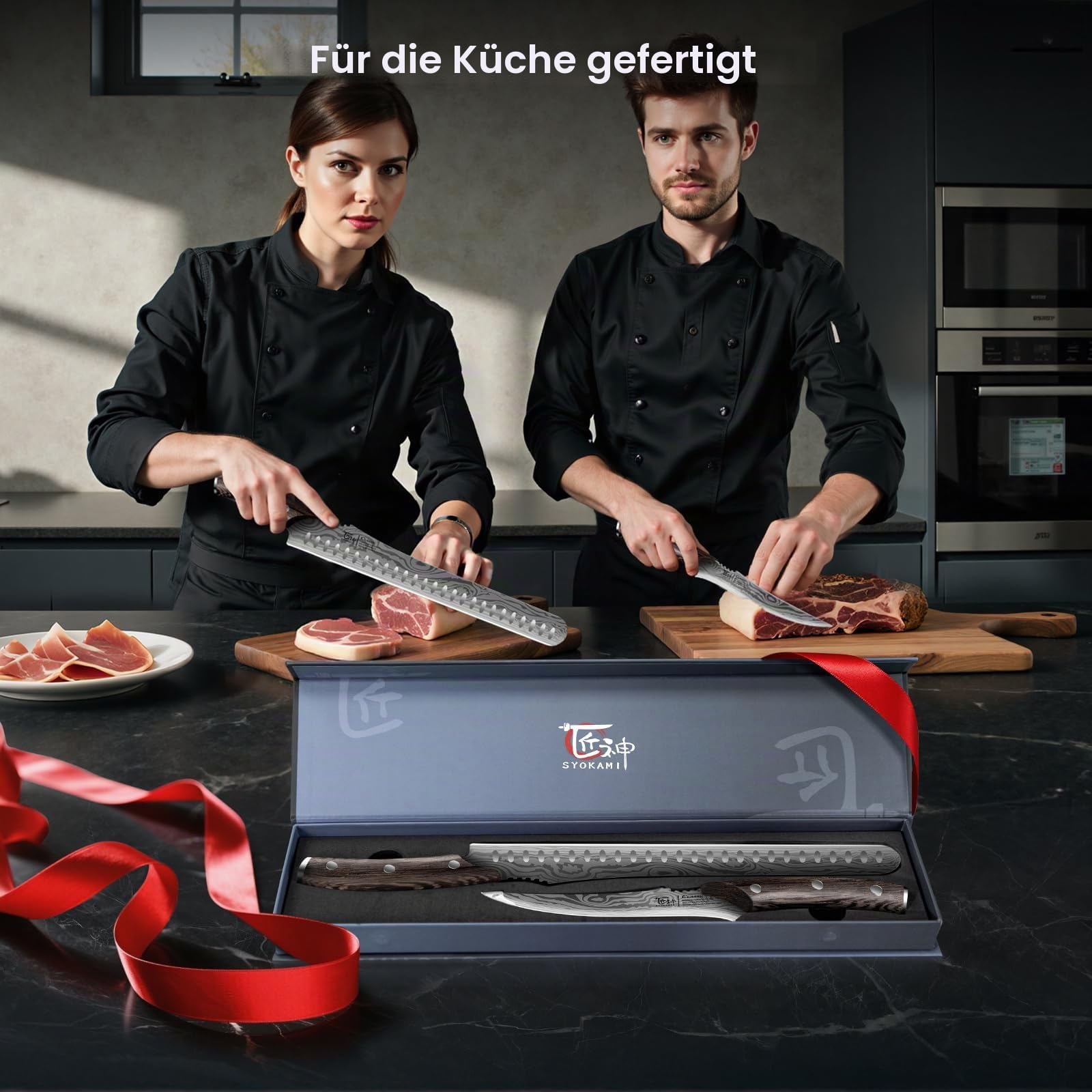 SYOKAMI Fleischermesser Set 2-teilig, Küchenmesser zum Schneiden von Fleisch, Hackmesser, Ausbeinmesser & Zerlegemesser, Japanischer Stil aus Hochkohlenstoffstahl, Zum Hacken, Schneiden, Ausbeinen