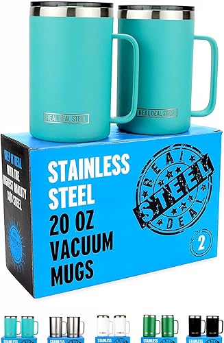 Taza aislada con asa y tapa, taza de café al vacío de acero inoxidable, juego de 2, 20 onzas, taza grande de doble pared para café o té, taza
