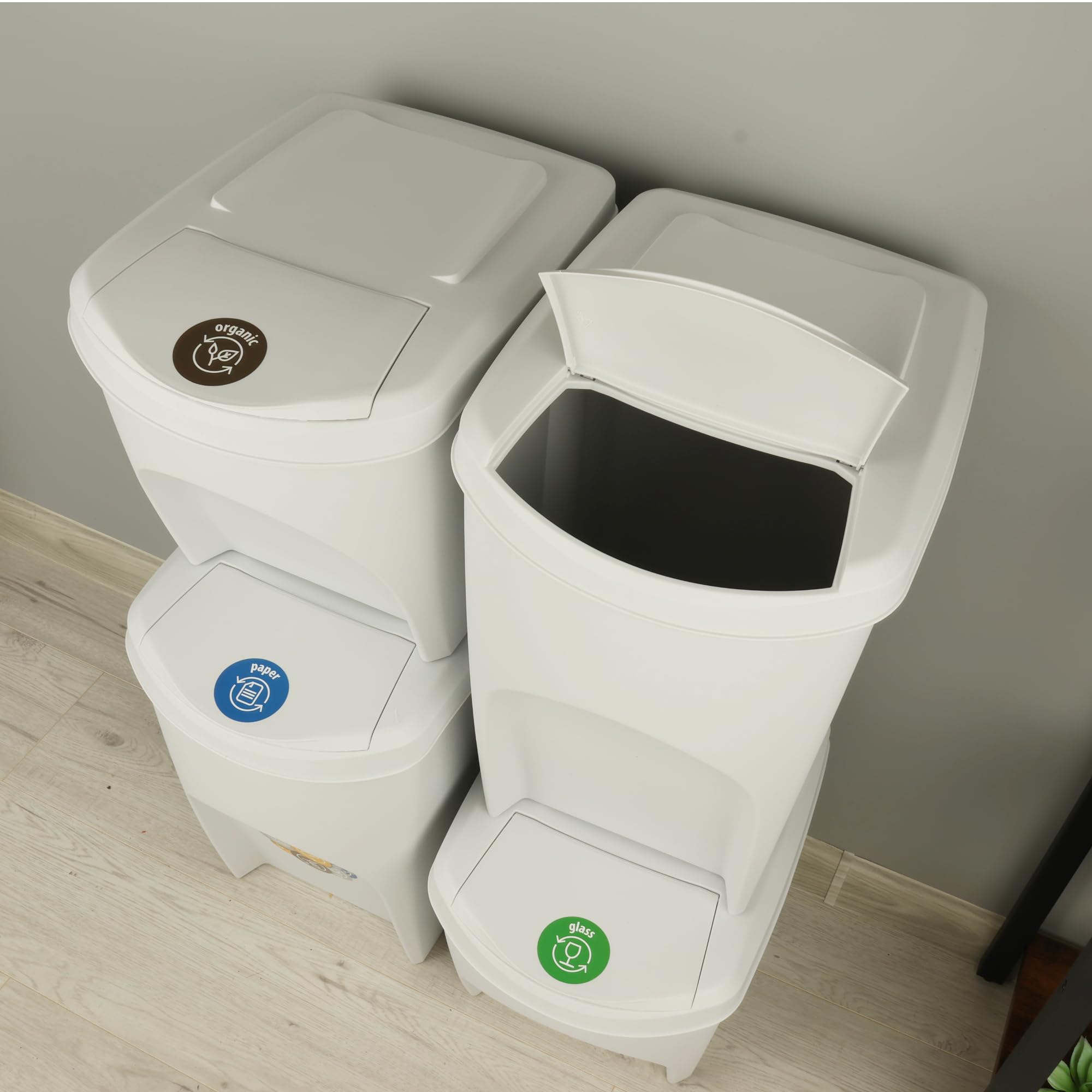 botle 4-częściowy zestaw koszy na śmieci 120 l system segregacji śmieci - zestaw składający się z 2 x 35 l + 2 x 25 l koszy na śmieci w kolorze białym, popielaty kolor, do układania w stos, kompaktowy
