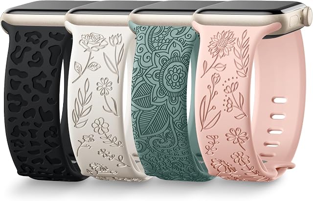 Upeak 4 Pack Multi-pattern Engraved Straps Compatible with Apple Watch Strap 40mm 41mm 38mm Women, Soft Silicone Cute Flowers Leopard Sport Band for iWatch Straps Ultra SE Series 9 8 7 6 5 3 2, Set A