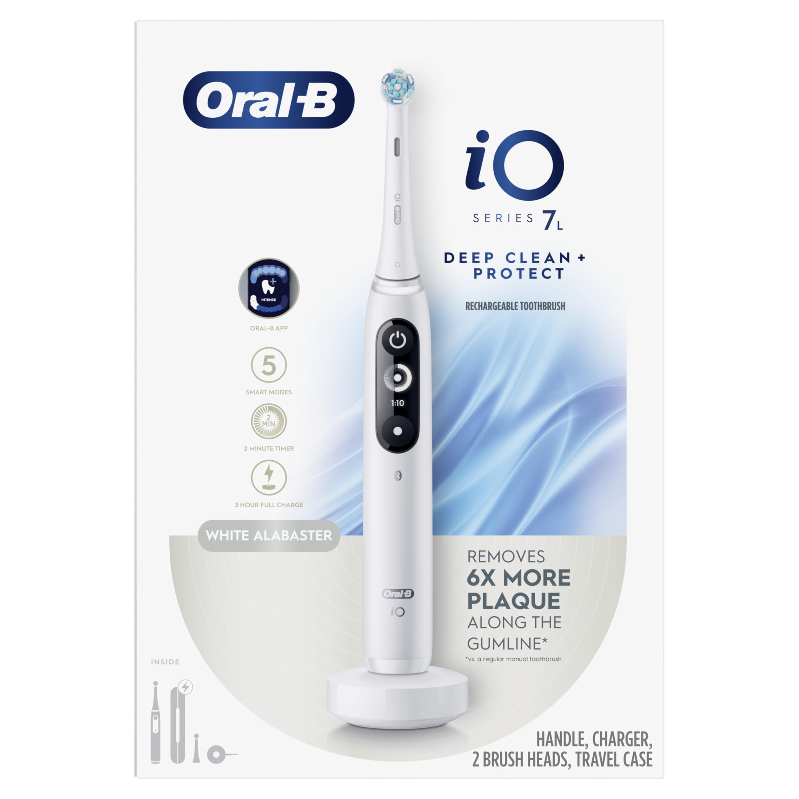 Oral-B iO Deep Clean + Protect - Cepillo de dientes eléctrico recargable, color blanco, incluye un cepillo de dientes iO Series 7, 2 cabezales de repuesto y un estuche de viaje