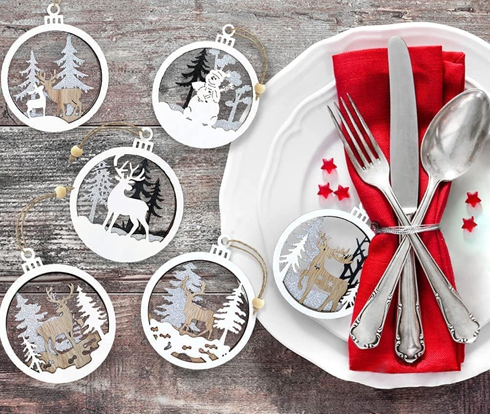 6pcs Christmas Farmhouse Rustic Ornaments Set for Christmas Tree Decorations Hanging 3D Glitter Reindeer Wood Tree Ornaments Round Wooden Christmas Tree Decorations Gift Tags