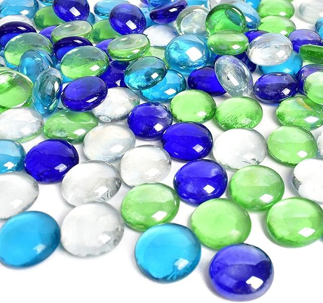 huianer Round Clear Glass Pebbles 450g, Mixed Color Blue Green Glass Beads Stone Glass Marbles Flat Gems for Vase Filler Aquarium Decor Garden Decoration