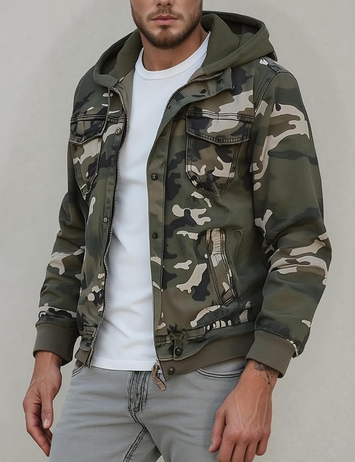 Camo Jacket for Men, Hooded, Cargo,Zipper, Multi-Pocket Military Style Coat for Outdoor & Casual Wear