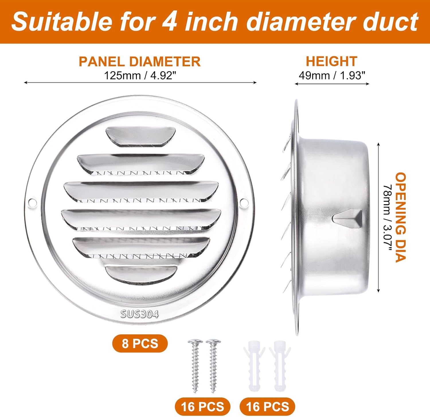 PATIKIL 304 Stainless Steel Air Vents, 3 Inch, 8pcs Round Louver Grille Vent Cover, Screen Mesh Soffit Air Outlet for Wall Ceiling Floor Ventilation