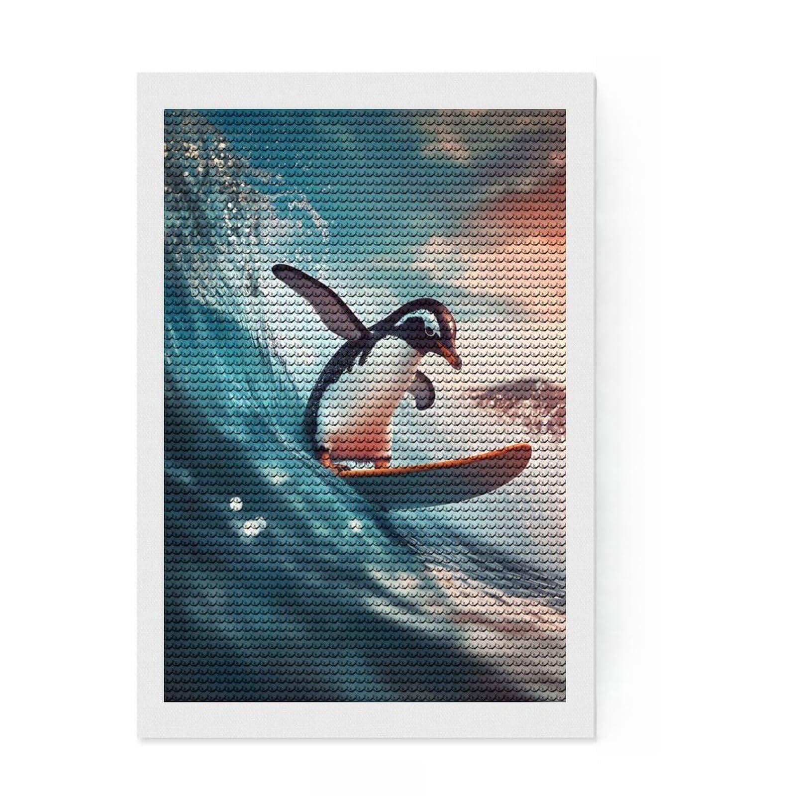 Junmoney Penguin on A Surf Round Drill Diamond Painting 8"x12", Decorate Your Room, Sparkling Round Gems, Adhesive Canvas, Bedroom Decor
