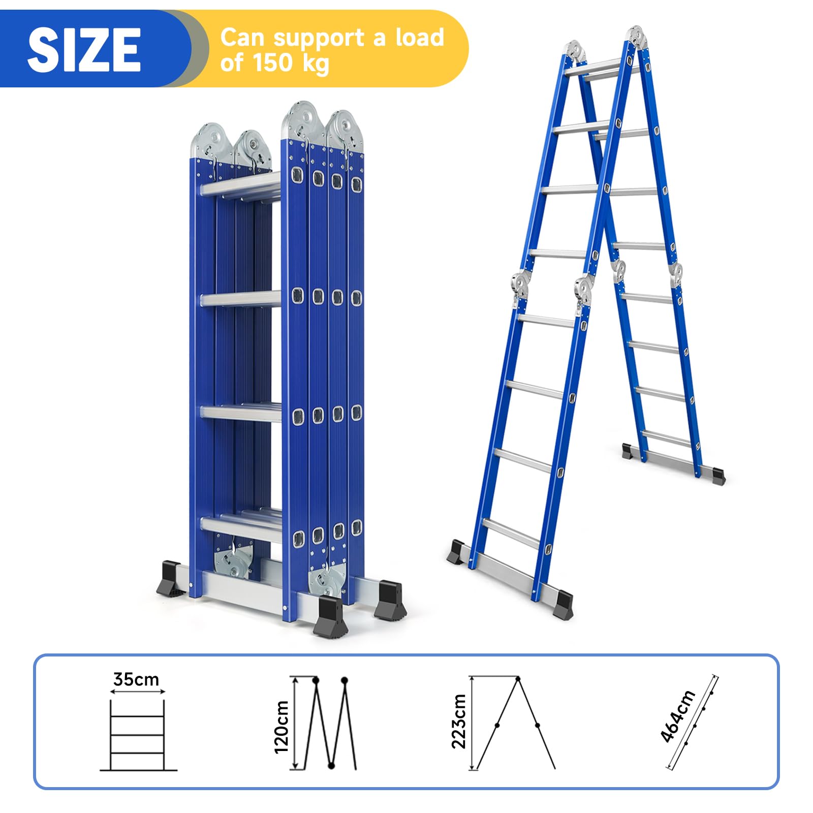 Échelle Multifonction en Aluminium 6 en 1 sans Plateforme Bleu | 4 x 4 Marches, Echelle Pliante 464 cm sans Plateforme, Échelle Polyvalente, Escabeau Pliable, Charge Maximale 150 kg