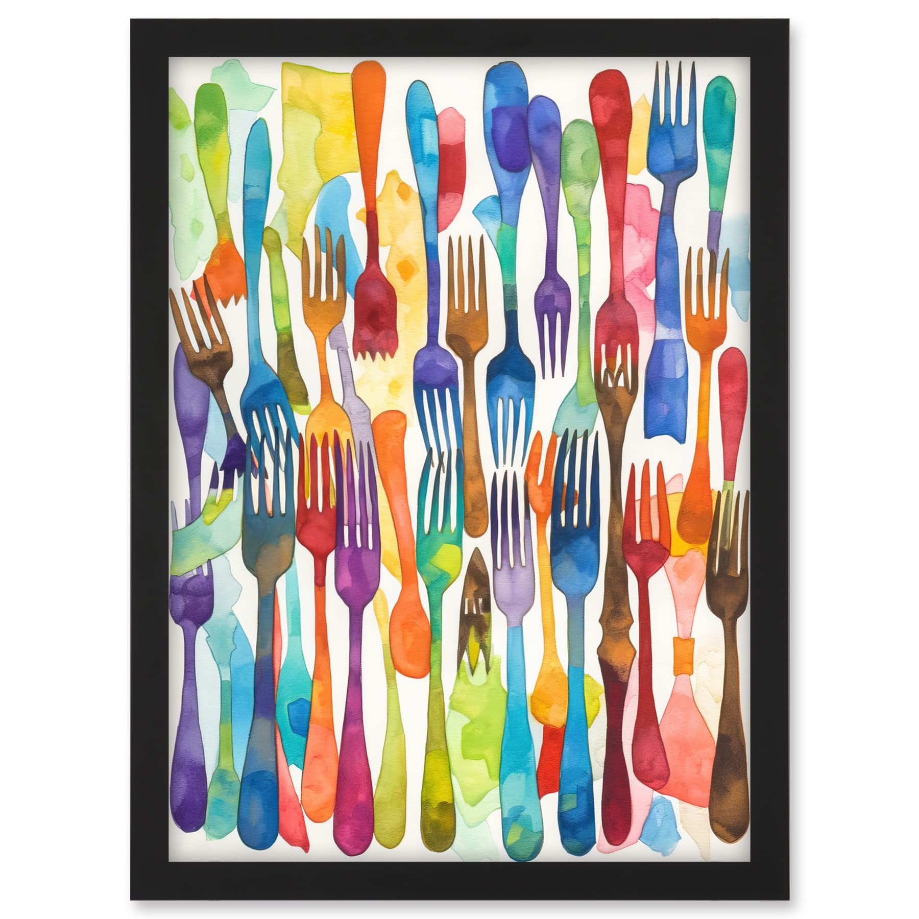 Artery8 Cutlery Pattern Multicoloured Forks Watercolour Painting Artwork Framed A3 Wall Art Print