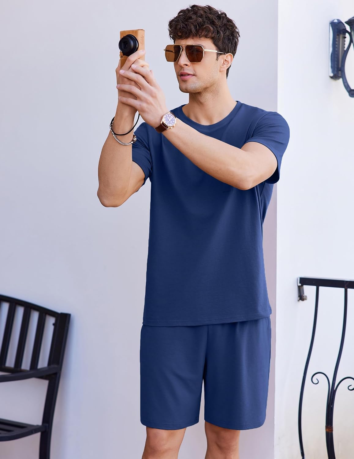 Ekouaer Mens Pajamas Set Cotton Short Sleeve Sleepwear 2 Piece Pj Sets for Men Soft Nightwear with Pockets S-XXL - Image 5