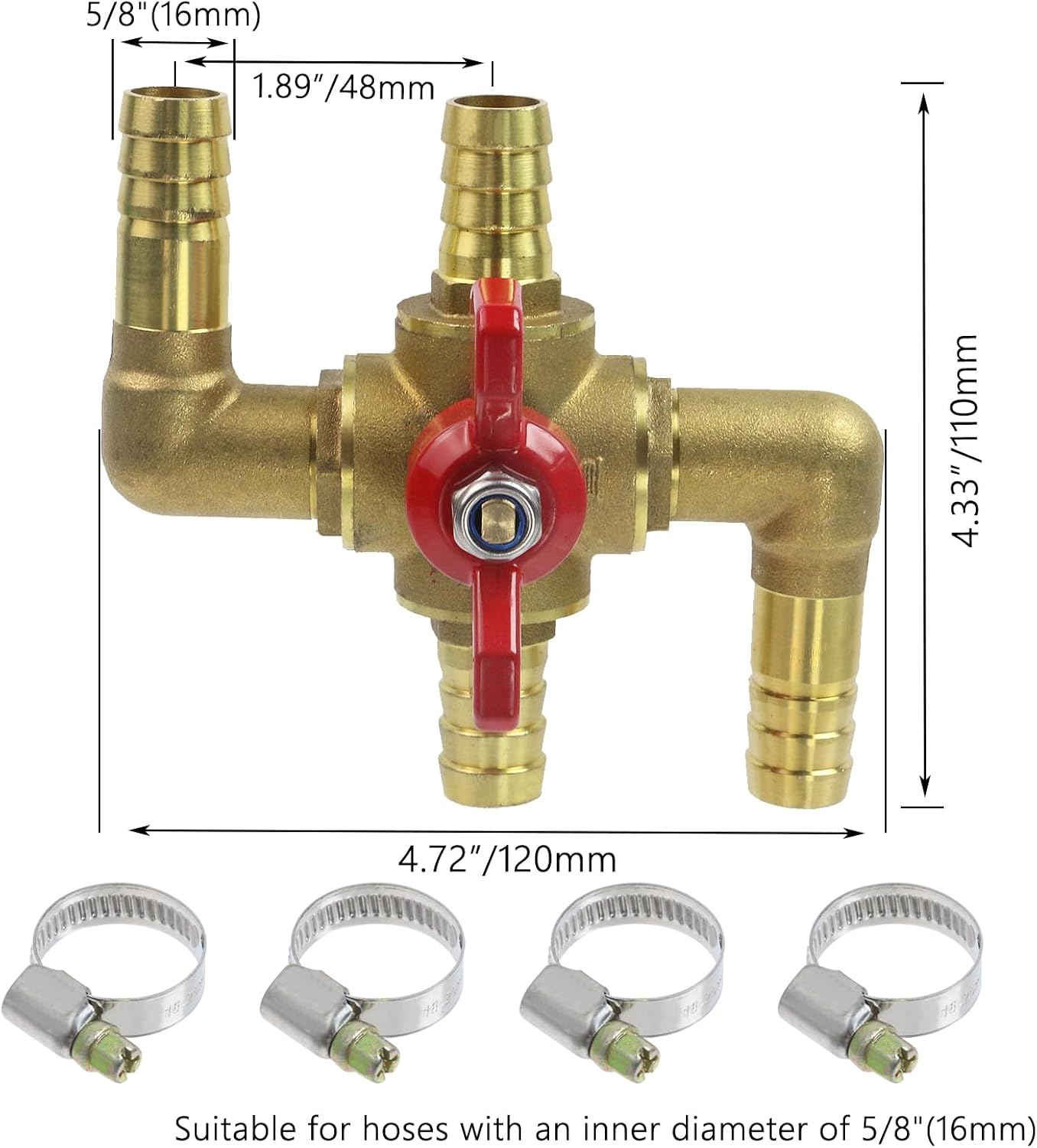 Solid Brass Automobile Integrated 4-Way Heating Water Manual Control Valve, Car Heater Air Conditioning Ball Valve, for Automotive Air Conditioning Systems, 5/8"(16mm) OD Barb