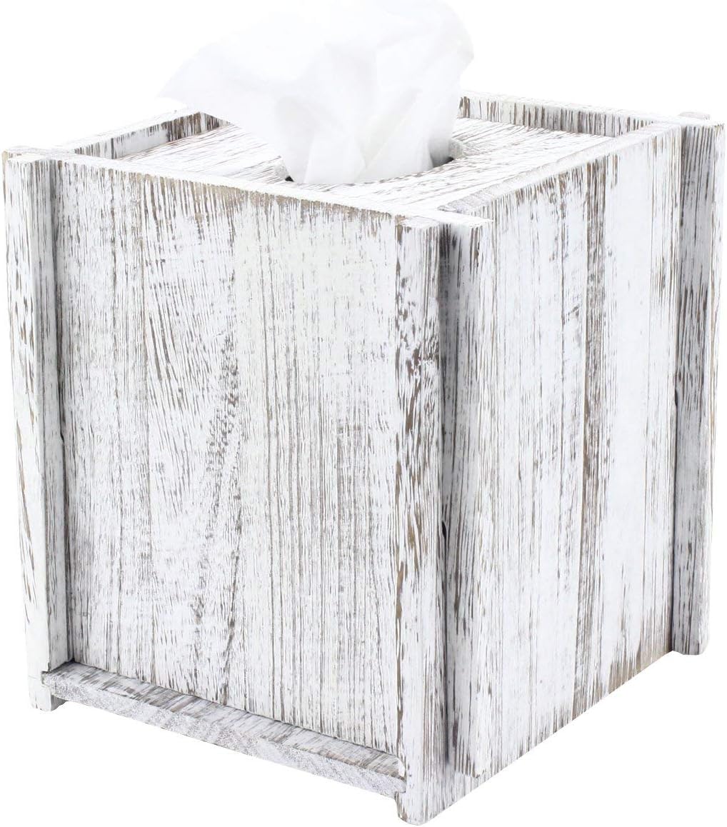Comtelek Tissue Box Cover Square Tissue Holder Wooden Rustic Torched Bathroom Facial Tissue Dispenser with Slide-Out Bottom Panel White Novelty Splicing Napkin Holder (Square)…