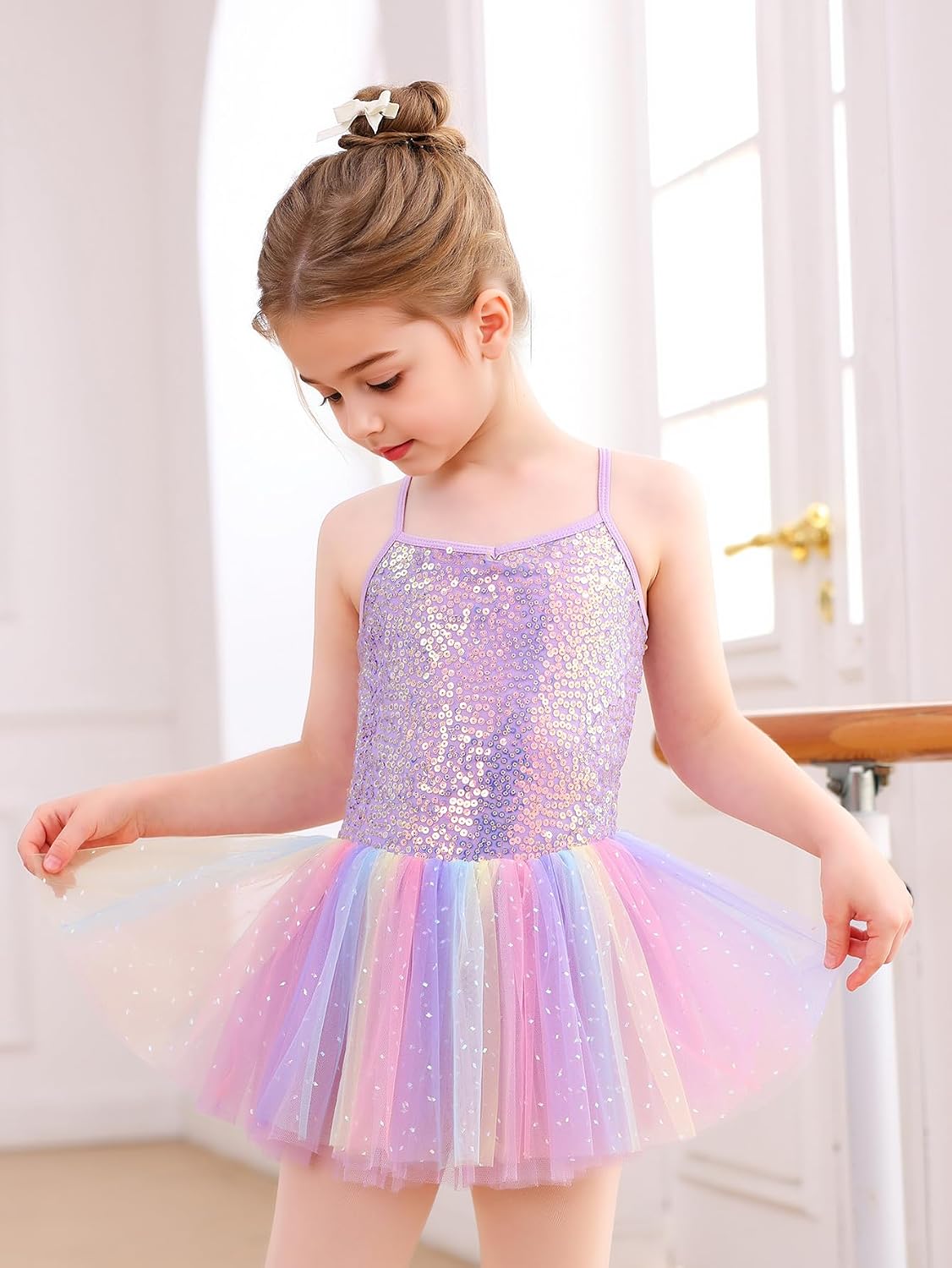Girls Ballet Leotard with Iridescent Tutu: Sequin Thin Strap Dance Costume for Performances