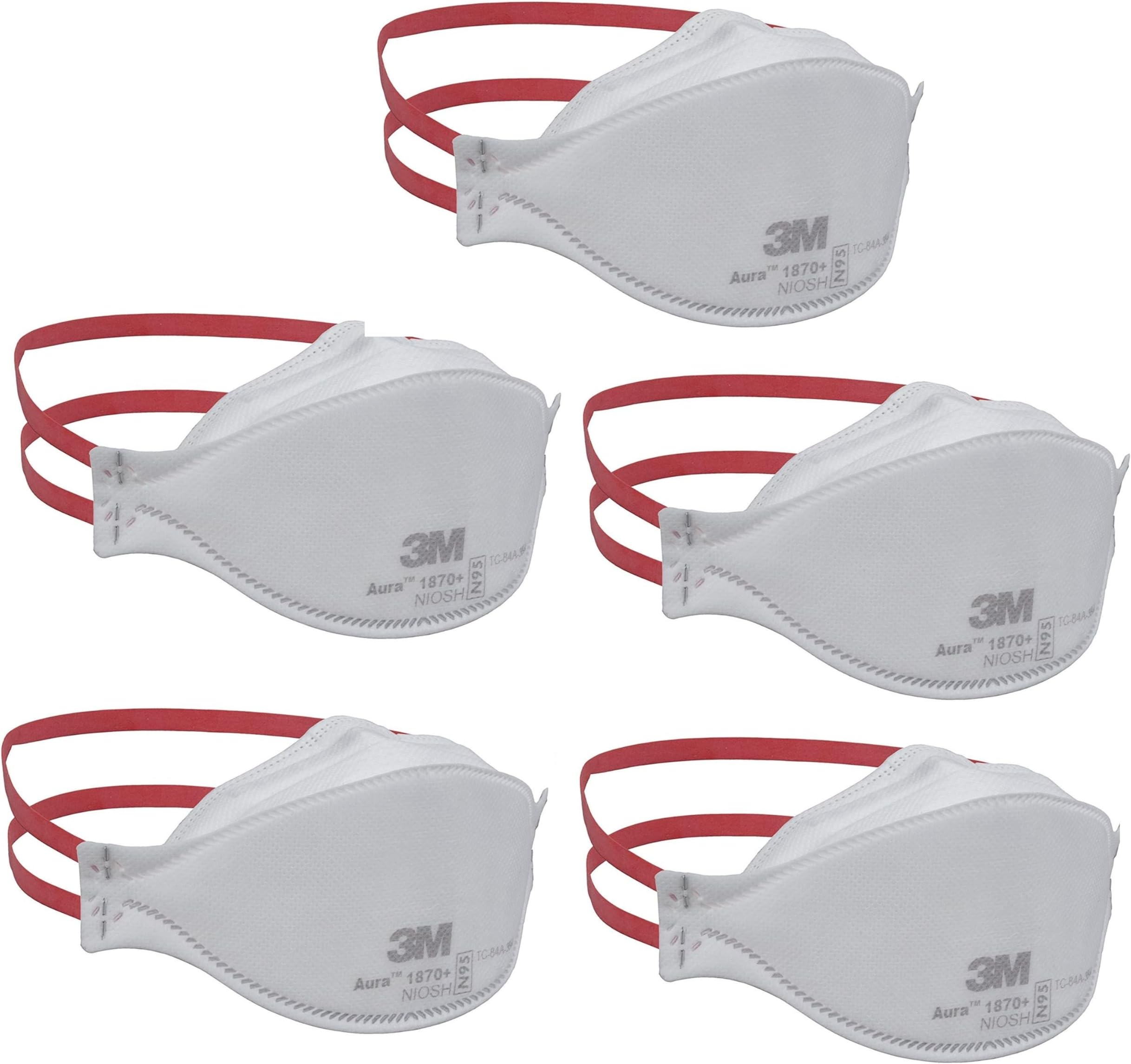 3M N95 Aura 1870+ Nonwoven Fabric Flat Fold Disposable Respirator (White, Pack Of 5)