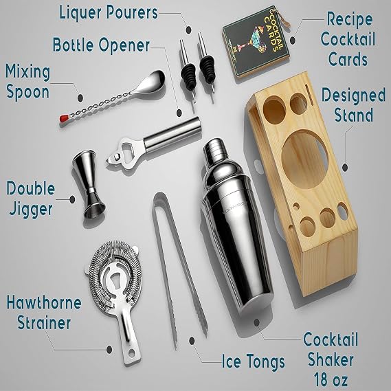 Cocktail Shaker Set, Bartender Kit with Bamboo Stand, Stainless Steel Bar Tool Set for Drink Mixing Home Bartending Kit (10 Pcs)