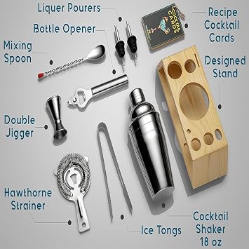 Cocktail Shaker Set, Bartender Kit with Bamboo Stand, Stainless Steel Bar Tool Set for Drink Mixing Home Bartending Kit (10 Pcs)