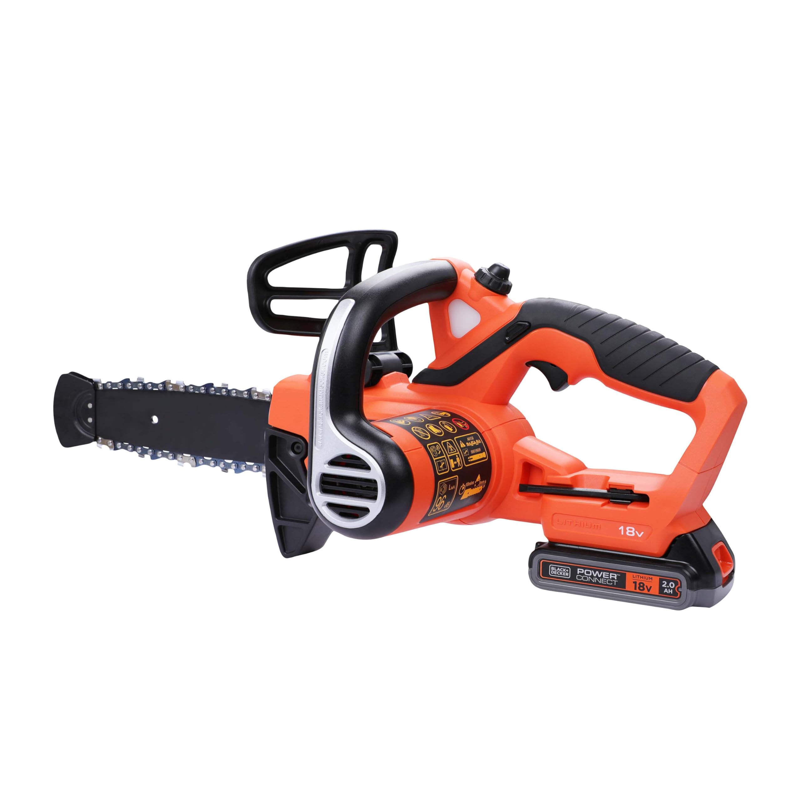 BLACK+DECKER Motosierra a Batería 18V, Batería de litio 2Ah, Espada 20cm, Velocidad Cadena 3,1m/s, Hasta 200 Cortes por Carga, para Poda y Leña - GKC1820L20-QW
