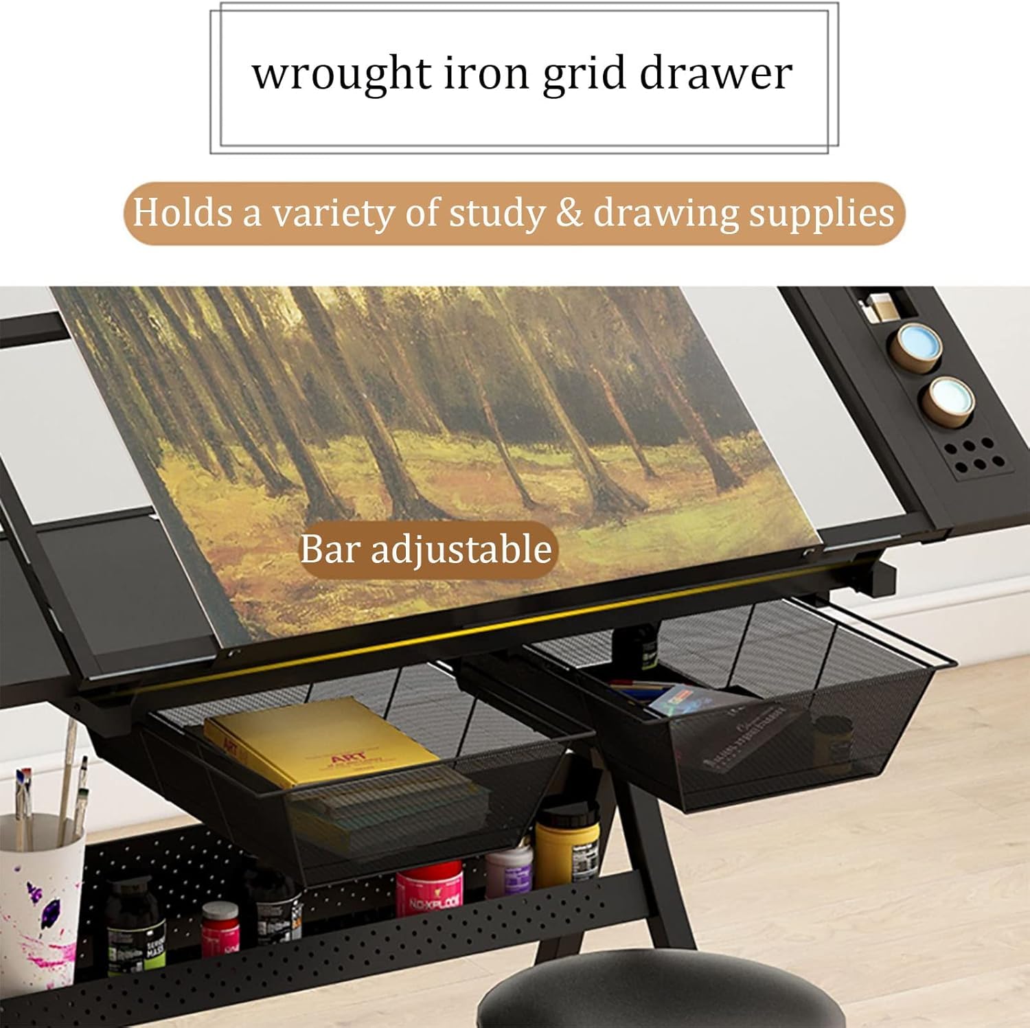 Mesa de dibujo ajustable con taburete, escritorio de arte ajustable en altura, mesa de dibujo de vidrio templado, estación de trabajo versátil para profesionales creativos