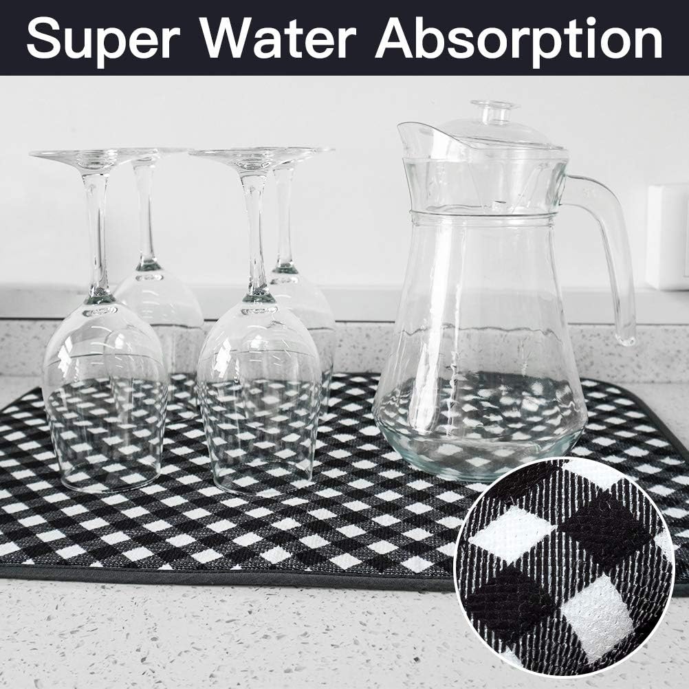 OUTCREATOR Absorbent, Reversible Microfiber Dish Drying Mat for Kitchen, 15 Inch x 19.6 Inch, 2 Pack (Black check)