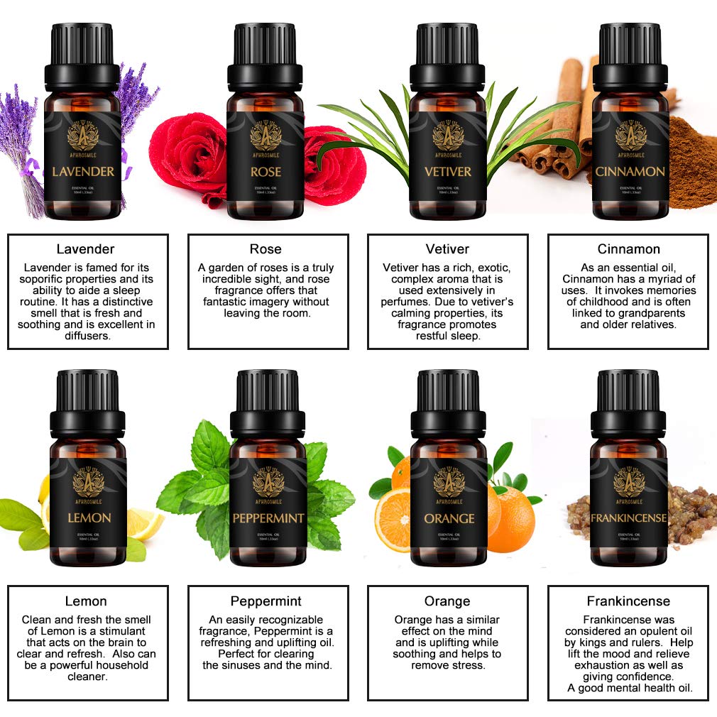 Aromatherapie Zitrone ätherisches Öl Set für Diffusor, 100% pure Rose ätherisches Öl Kit für Hause, 8x10ml Vetiver Öle Set - Pfefferminze, Orange, Zimt Öle...für Seife machen