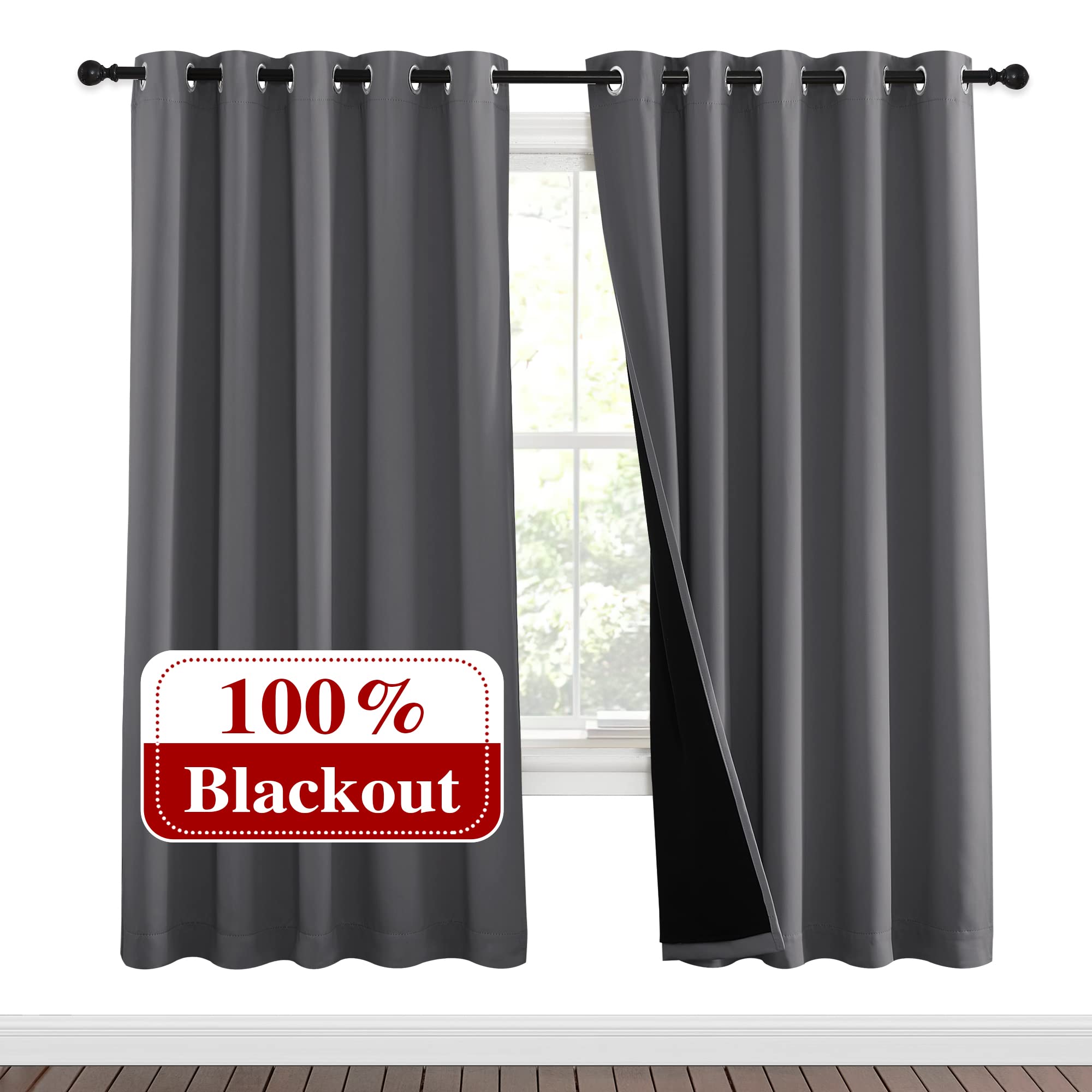 NICETOWN Grey Full Shade Curtain Panels, Pair of Energy Smart &amp; Noise Blocking Out Blackout Drapes for Dining Room Window, Thermal Insulated Guest Room Lined Window Dressing(Gray, 62 x 72 inch)