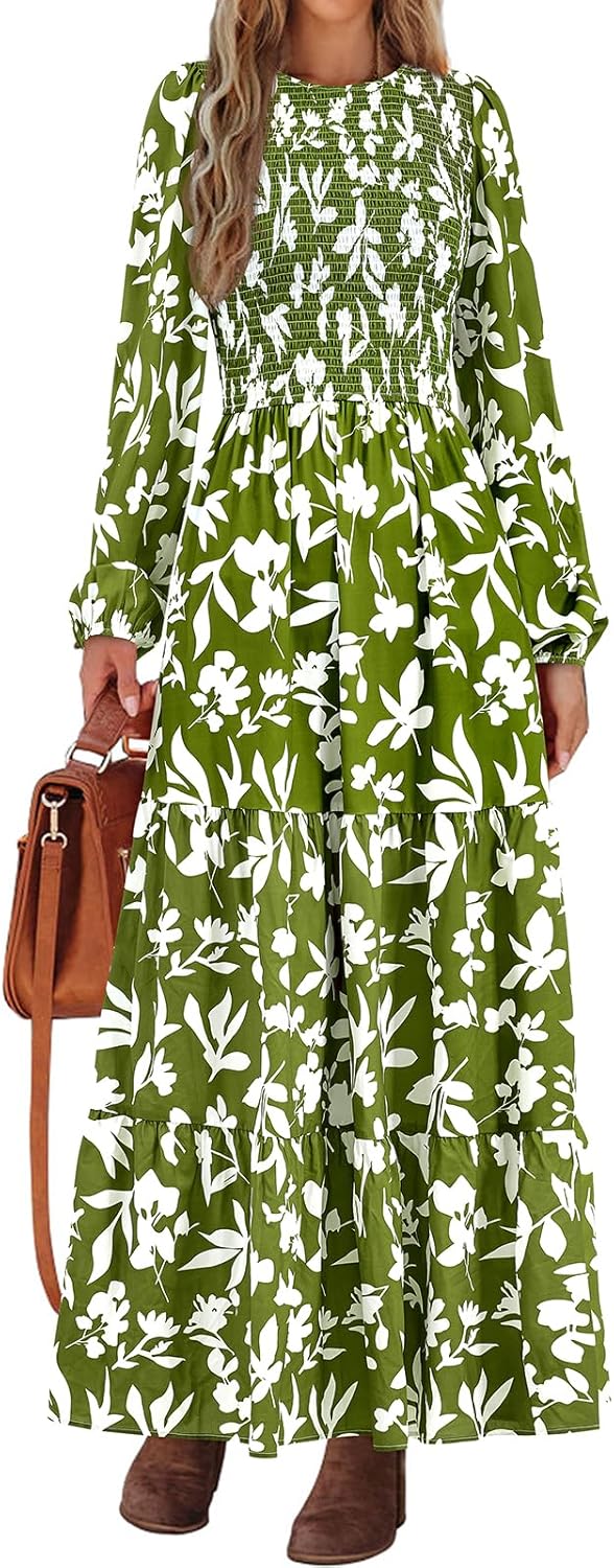 PRETTYGARDEN Women's Spring Dresses 2026 Long Sleeve Flowy Casual Floral Maxi Dress Crew Neck Smocked Tiered Long Dress