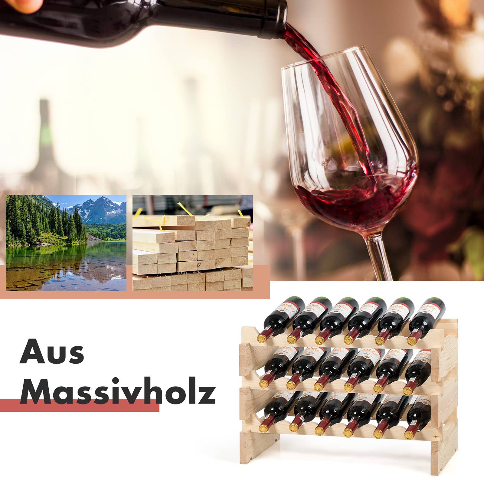 GOPLUS Weinregal Holz stapelbar, Flaschenregal für 36 Flaschen, Weinflaschenregal Weinständer mit 6 Fächern, Wine Rack Weinhalter für Keller Bar Lagerraum, 63 x 28 x 85 cm, Natur