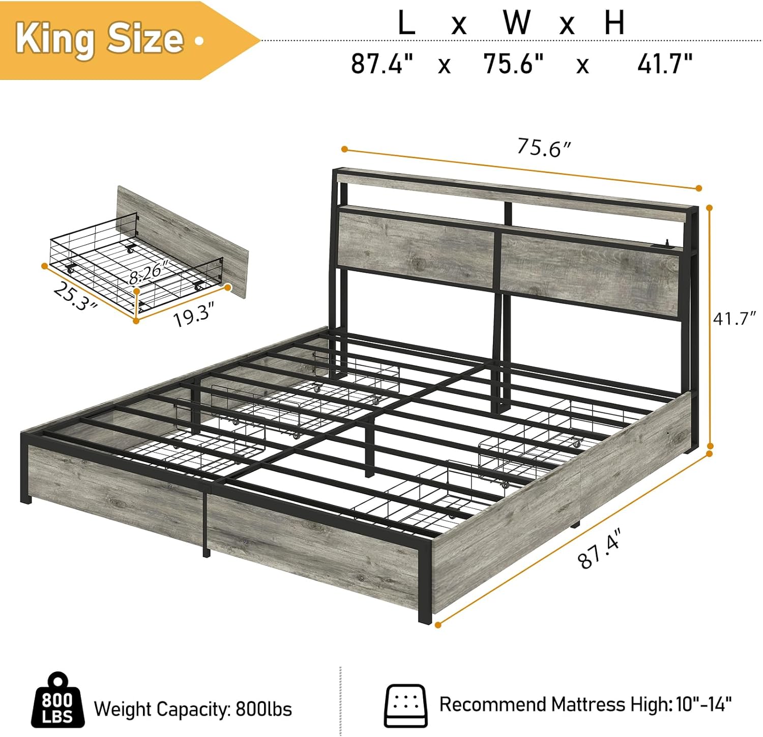 UINTAI King Size Bed Frame with Storage Headboard, Metal Platform King Bed Frame Wood with 4 Drawers, LED Light, Charging Station, No Box Spring Needed, Noise Free, Easy Assembly, Grey