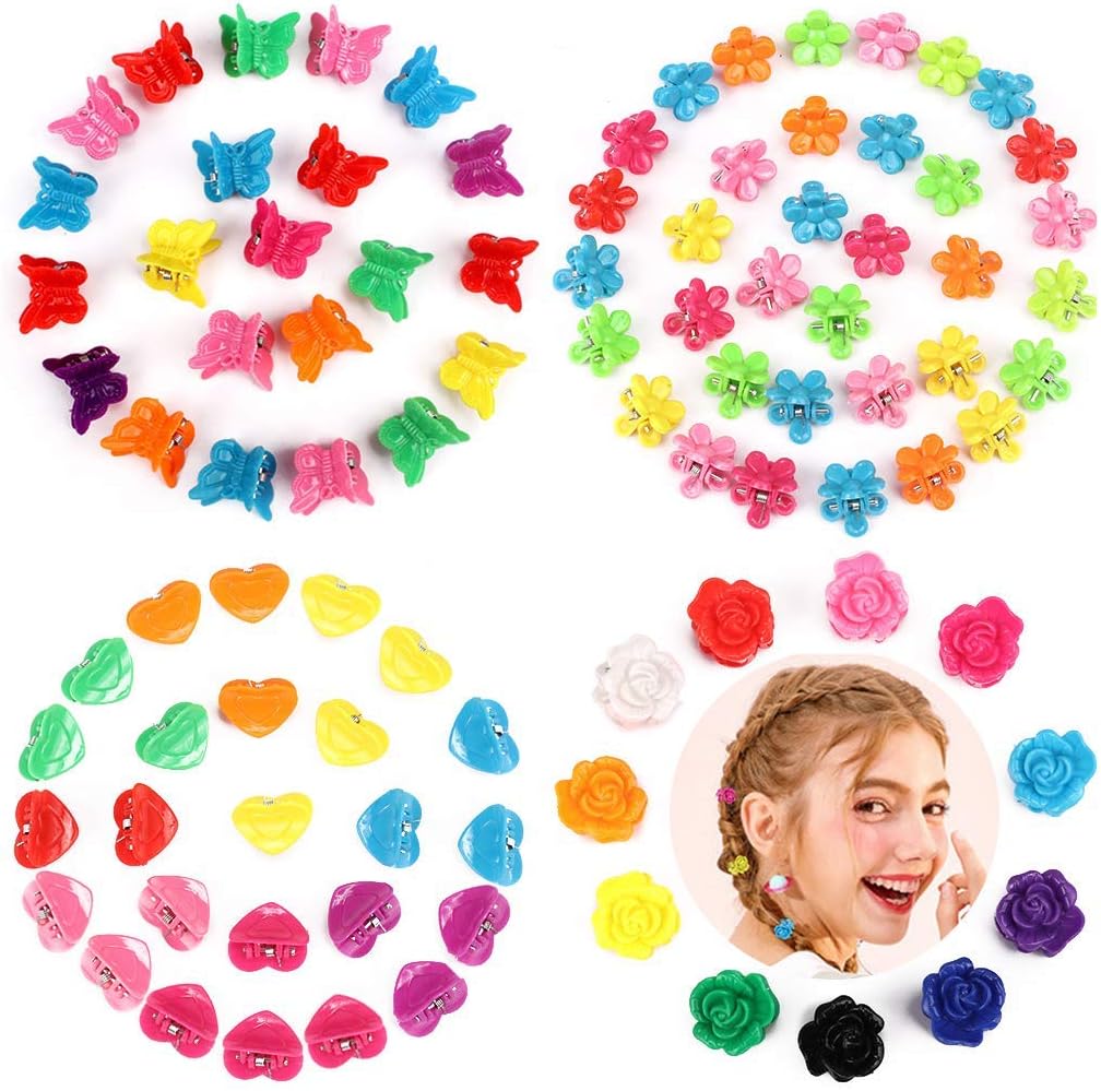 YISSION 200 Pcs Mini Hair Clips Flower Clips Butterfly Hair Clips Heart Hair Clip Rose Claw Clips 90s Hair Accessories for Women Party Gifts Assorted Color