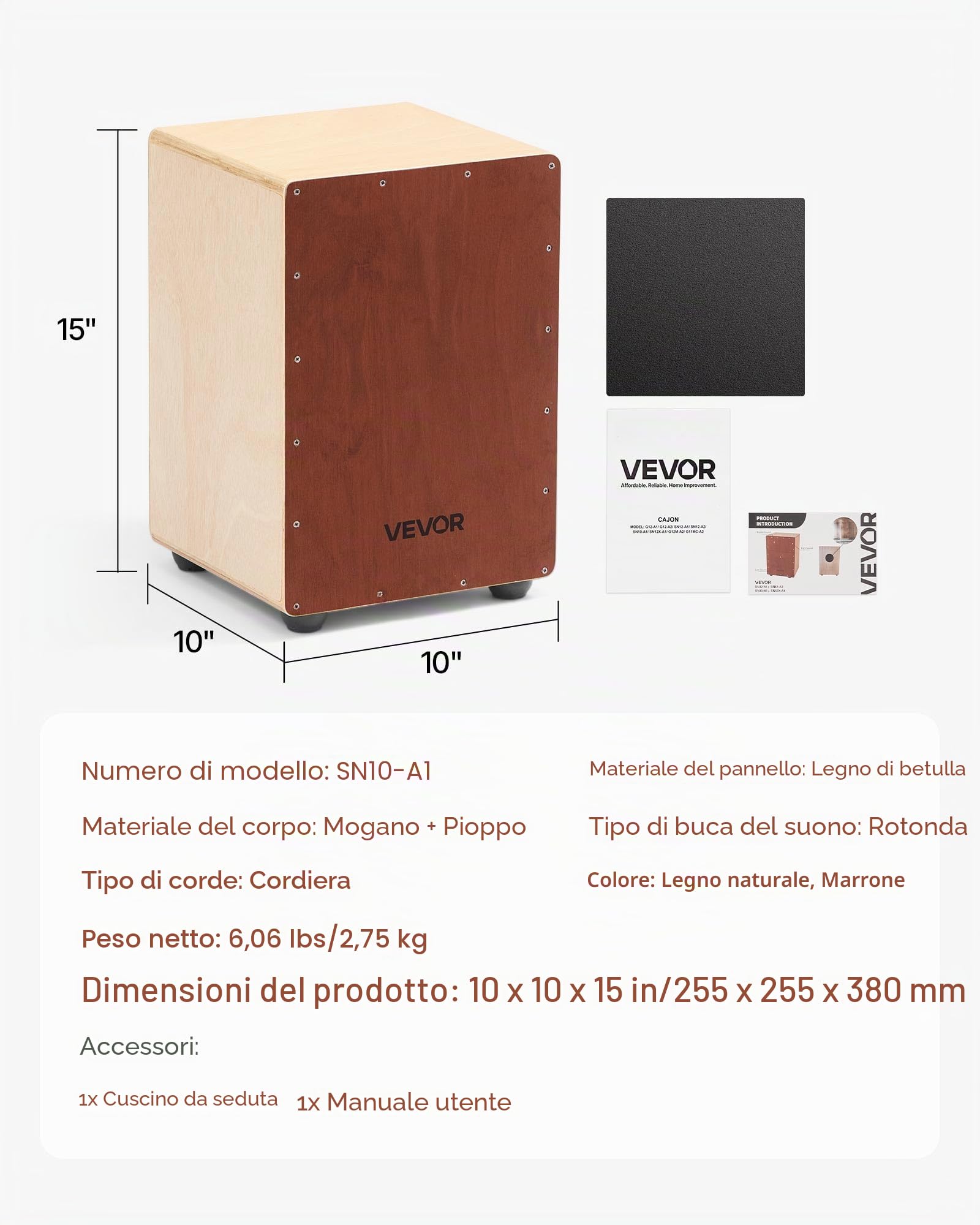 VEVOR Cajon Box Drum, Con Cordiere Rullanti Interni, Scatola di Percussioni in Legno Leggera, Strumento Musicale Portatile a Tamburo in Legno di Betulla con Piedini in Silicone, 255 x 255 x 380 mm