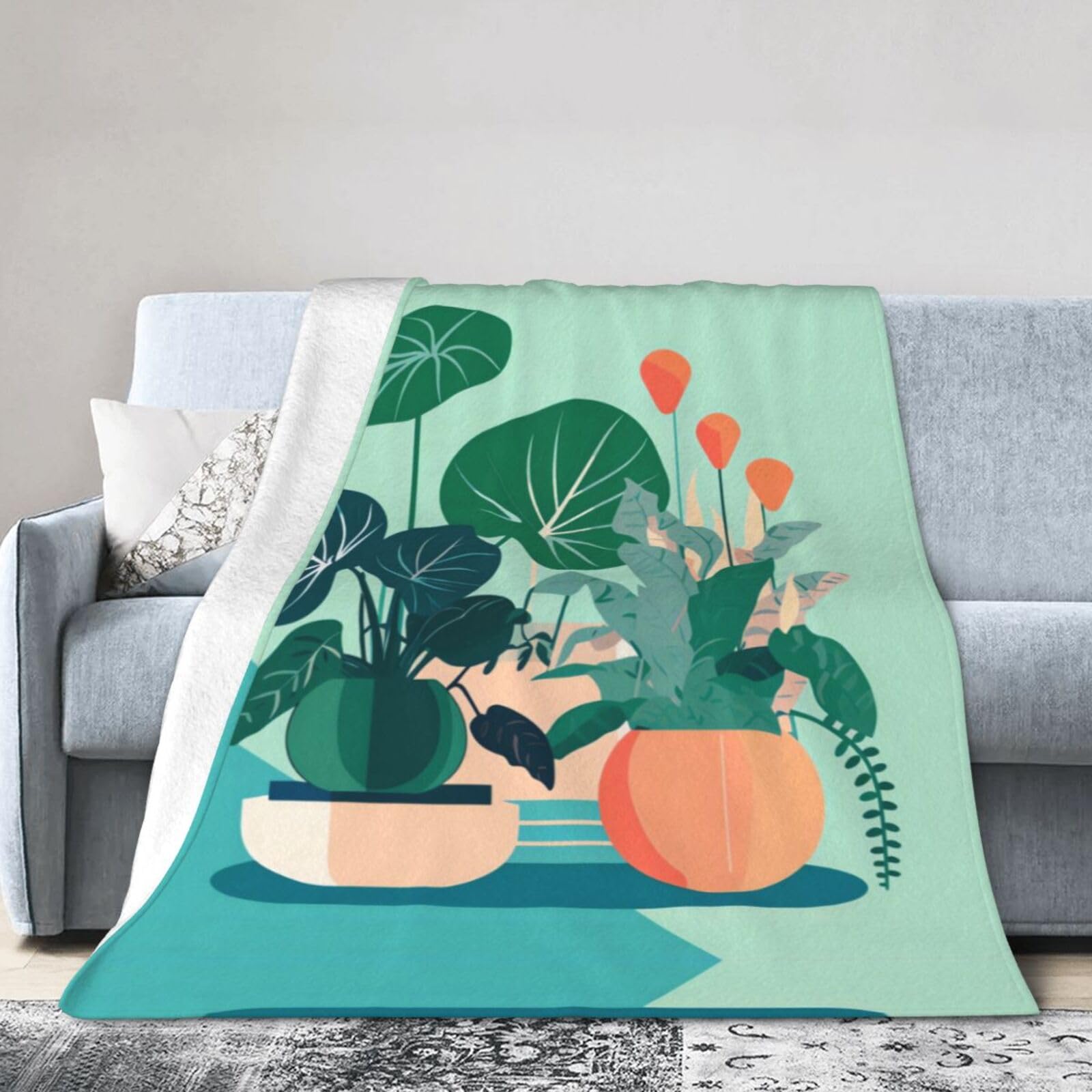 Indoor Cartoon Potted Green Plants 40"x30" Fleece Blanket, Full Size, Super Soft, Suitable for Bed, Sofa, Camping, All Seasons