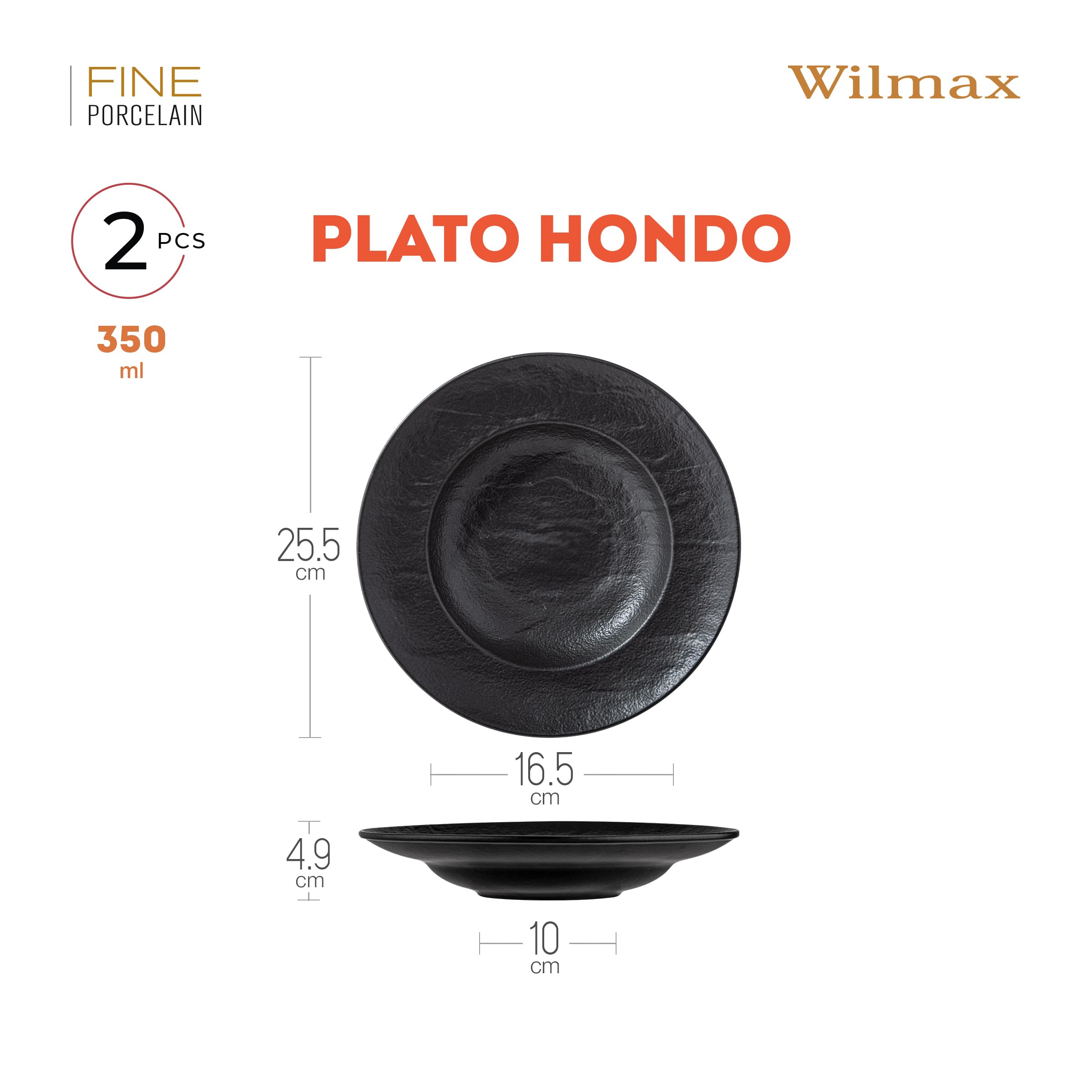 Wilmax – Cuencos profundos – 2 unidades 25,5 cm / 350 ml | platos de pasta negra | textura de piedra natural | para pasta, sopas, ensaladas, platos principales | platos hondos resistentes a los