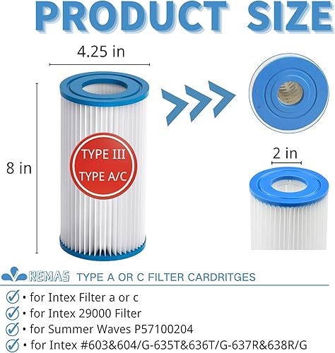 Miniatura 6 de REMAS Filtro de piscina tipo III, para filtro de piscina Intex A o C, para cartucho tipo III 58012, tipo AC para piscinas sobre el suelo, cartucho