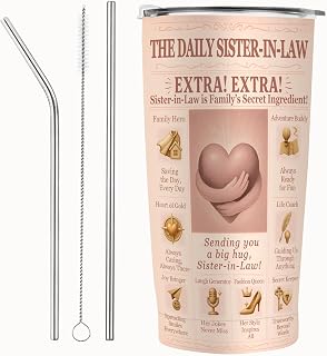 Sister-in-Law Gifts 20 oz Tumbler – Pink Retro Vintage Headline Travel Cup with Lid, Sentimental Bonus Sister Present for Birthday, Christmas, Mother’s Day, Wedding