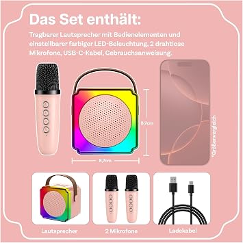 MMOBIEL Children's Karaoke Machine with 2 Microphones - Mini Karaoke Machine Portable Bluetooth Speaker 2 Wireless Microphones - Toy 3+ Years Gifts for Girls Boys Children - Pink