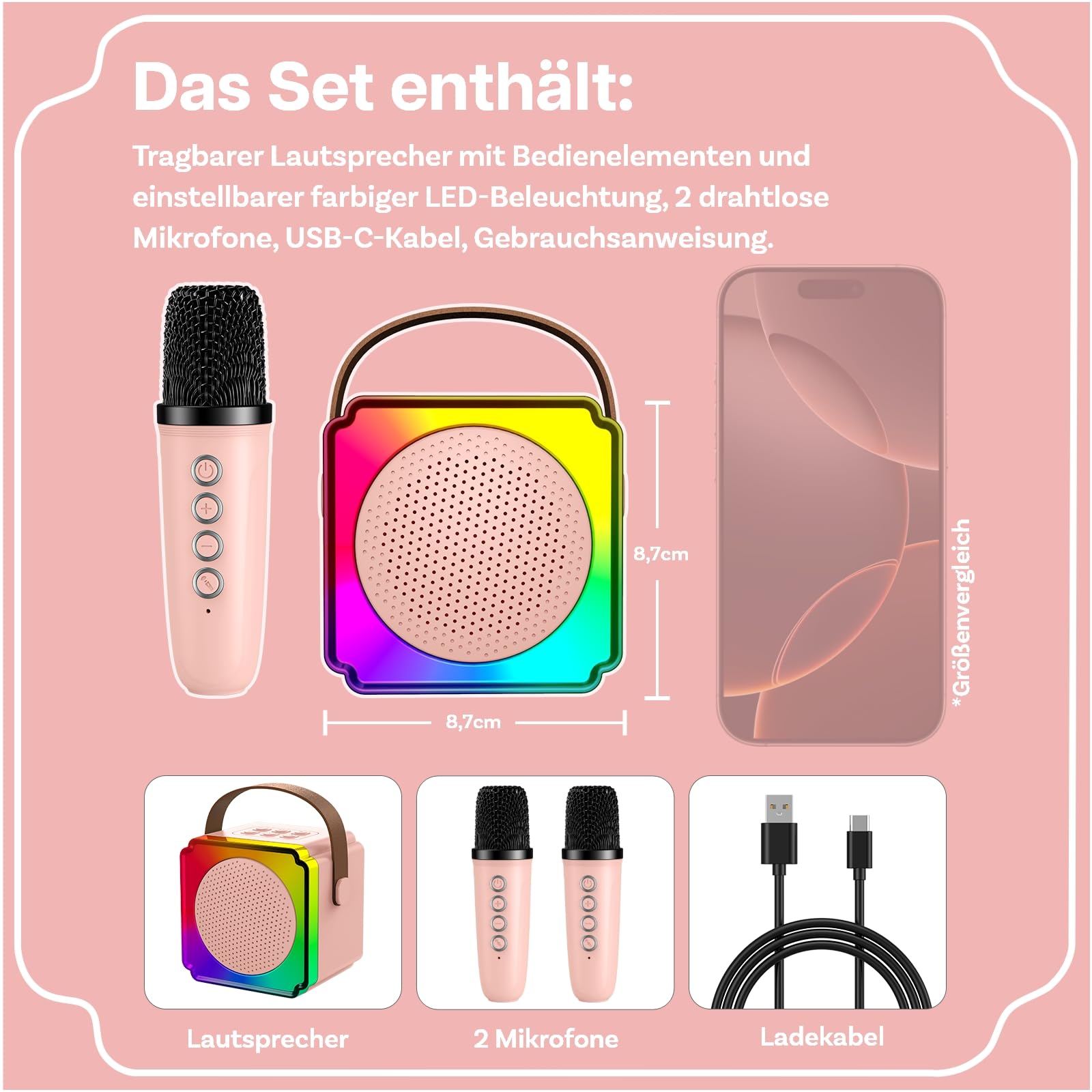Karaoke Maschine Kinder mit 2 Mikrofon von MMOBIEL – Mini Karaoke Maschine, Tragbare Bluetooth Lautsprecher, 2 Mikrofon Kabellos – Spielzeug 3+ Jahre, Geschenke für Mädchen, Junge, Kinder – Rosa