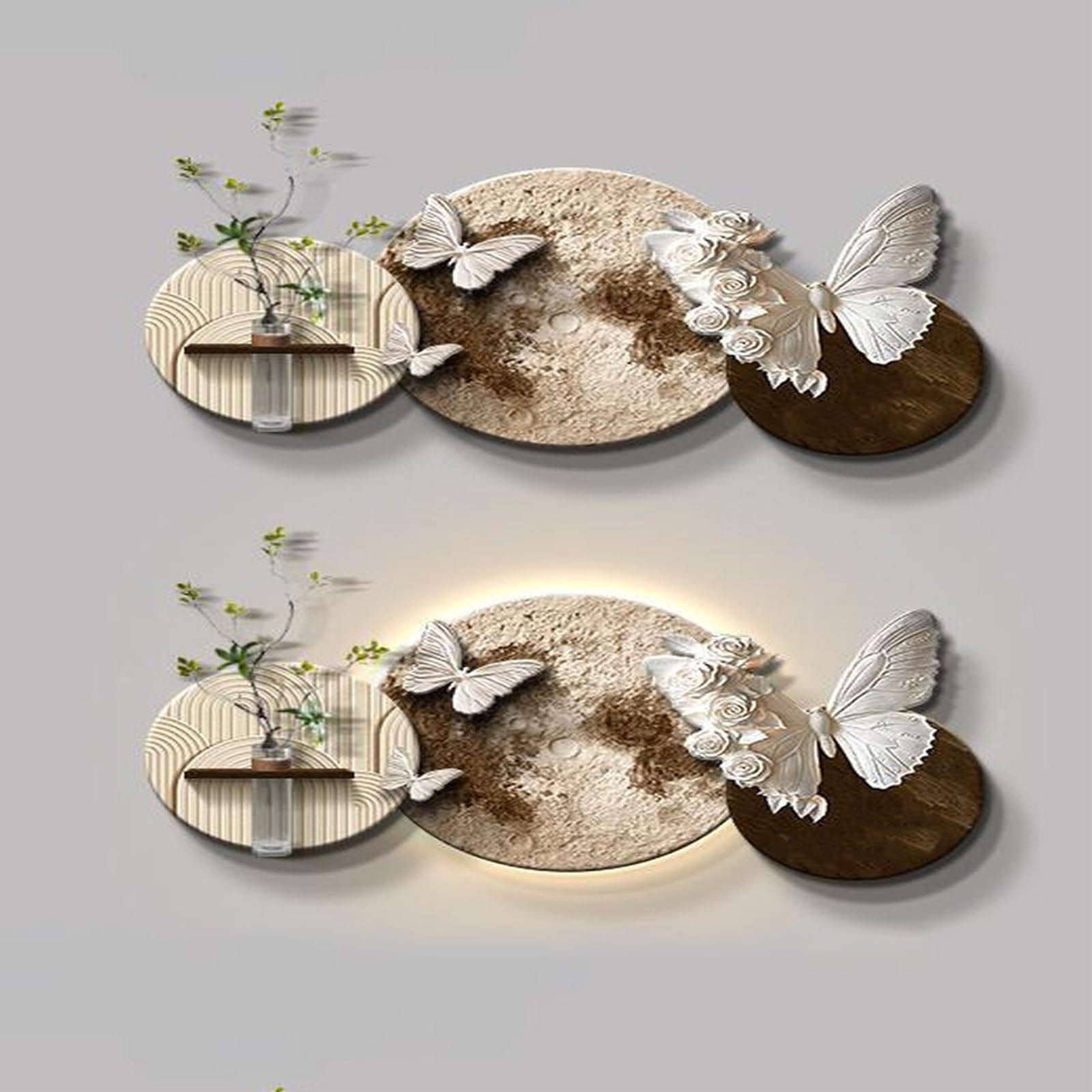 Tableau LED Papillon 3D 60x30cm et vase hydroponique moderne