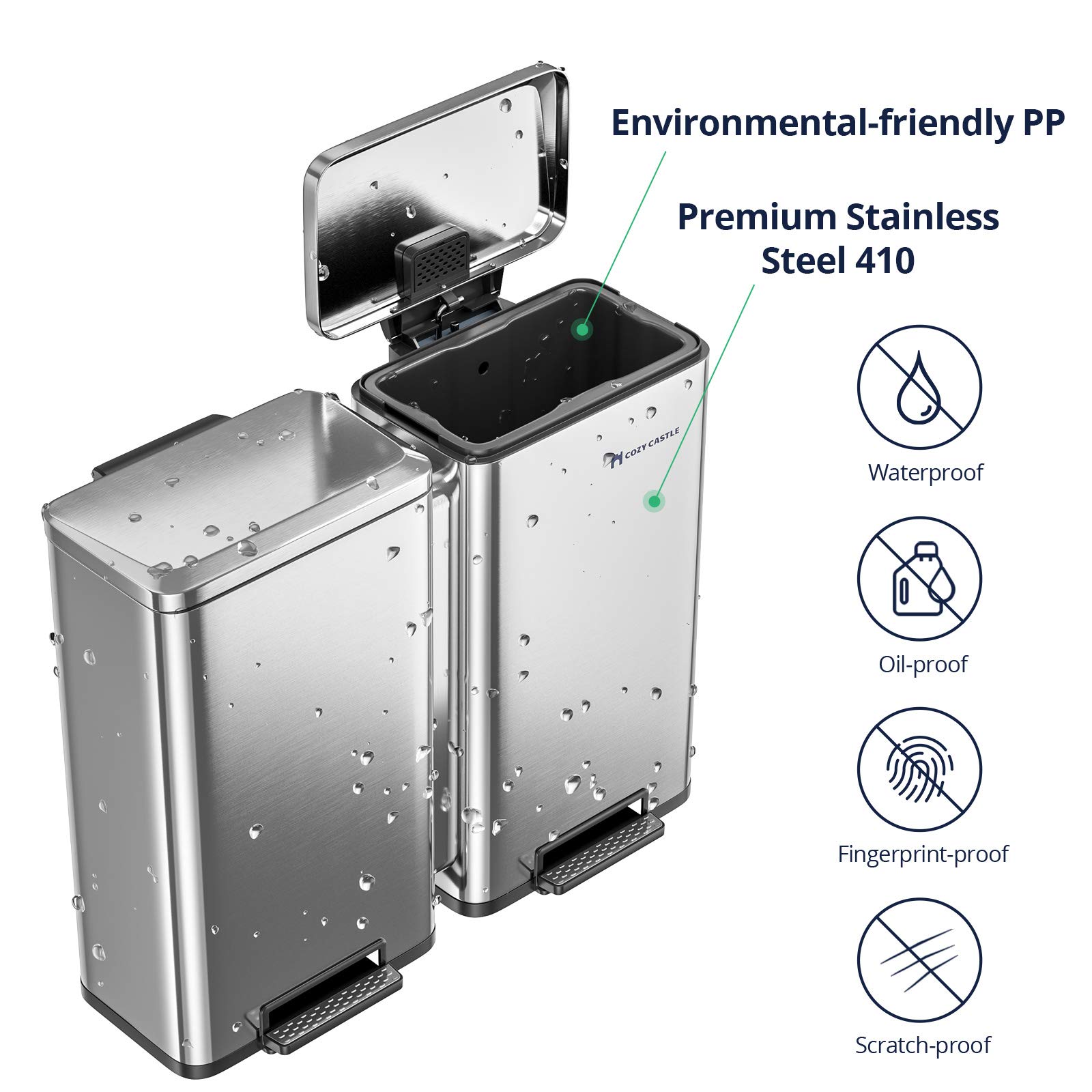 Cozy Castle 16 Gallon Dual Step Trash Can & Recycle Bin, Kitchen Trash