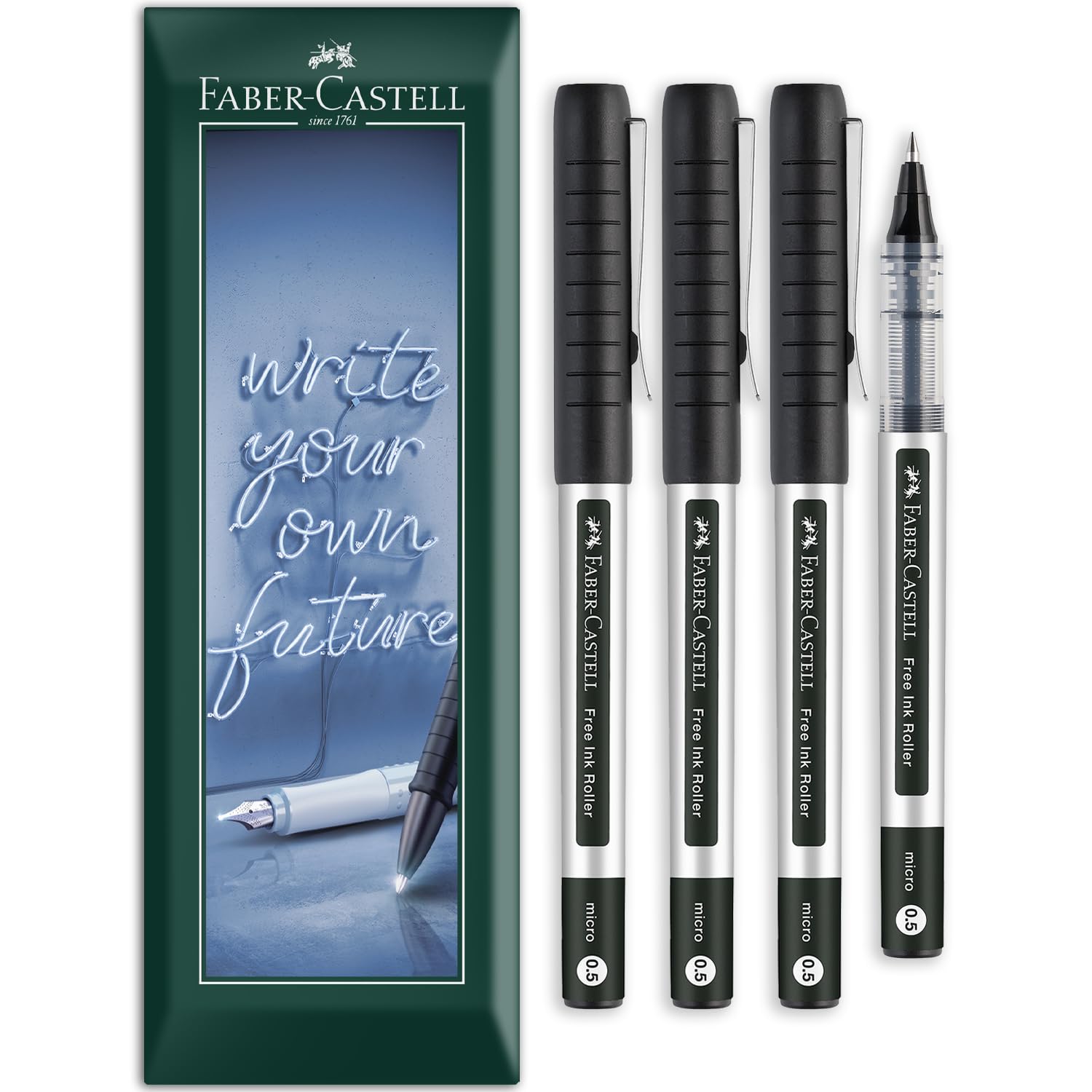 Faber-Castell Free Ink Roller Pen - 0.5mm Micro Nib - Envelope Gift Pack of Rollerball Pens - Stationery for Office, Work, Home etc - Pack of 4 (Black)