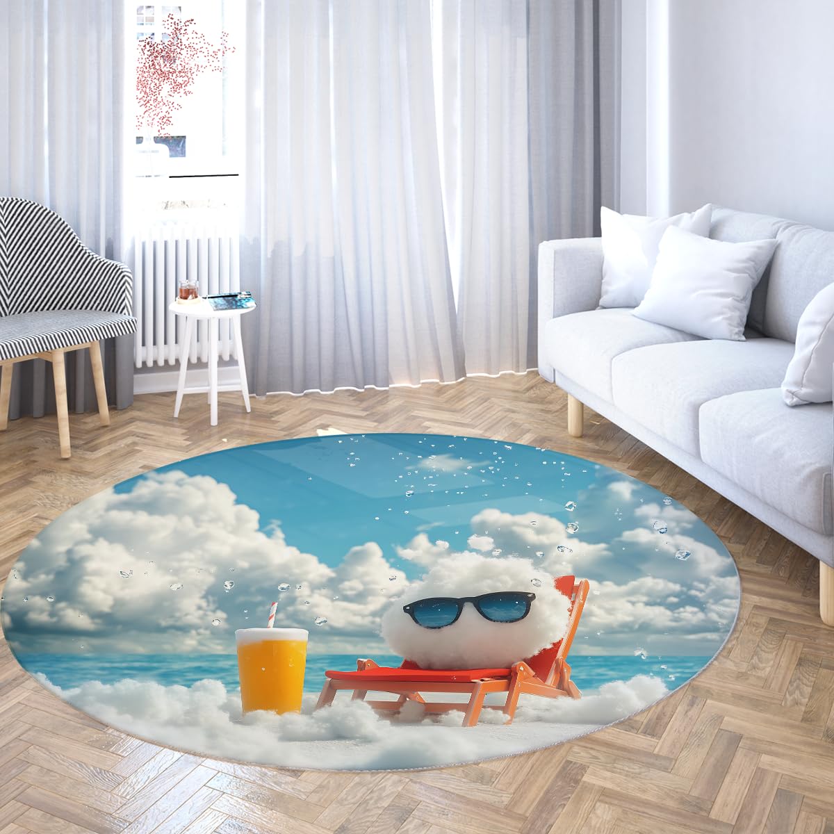 Urocza chmura, letnia plaża, okrągły dywanik do sypialni, 110 cm, niebieskie niebo, ocean, okrągłe dywany, duży, składany, odporny na plamy, dywanik do pokoju zabaw dla dzieci, przedszkola