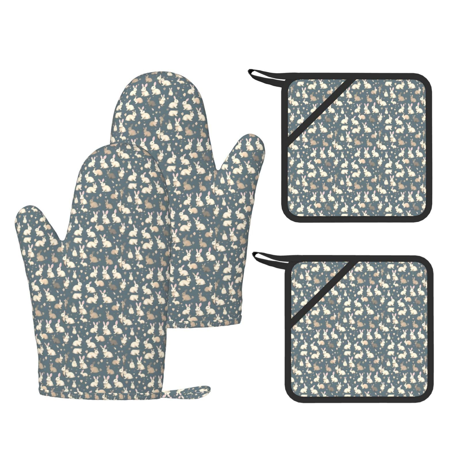 Nimongt Black Rabbit Background Print Heat Resistant Gloves Pads Reusable Kitchen Set Oven Baking Grilling Cooking
