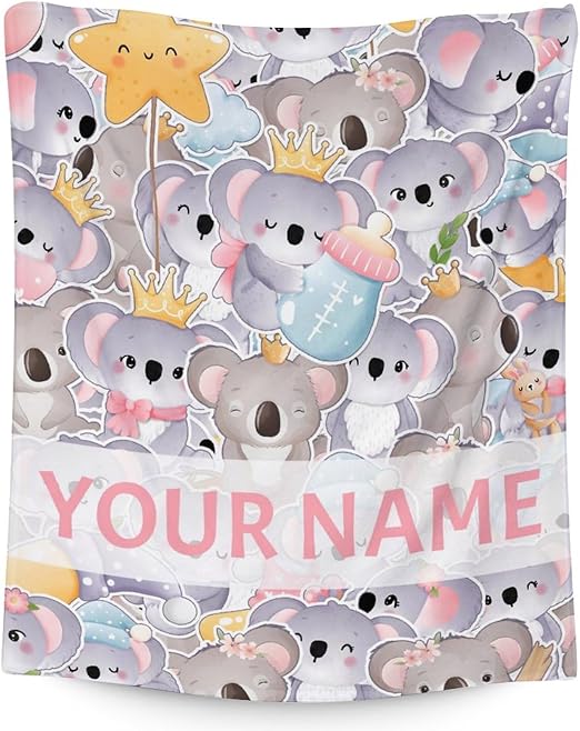 Personalized Koala Blanket Gifts with Name - 40"x50" Cute Throw for Women, Girls - Colorful Soft Fuzzy Blankets for Couch & Sofa