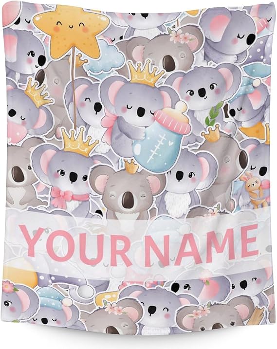 Personalized Koala Blanket Gifts with Name - 40"x50" Cute Throw for Women, Girls - Colorful Soft Fuzzy Blankets for Couch & Sofa