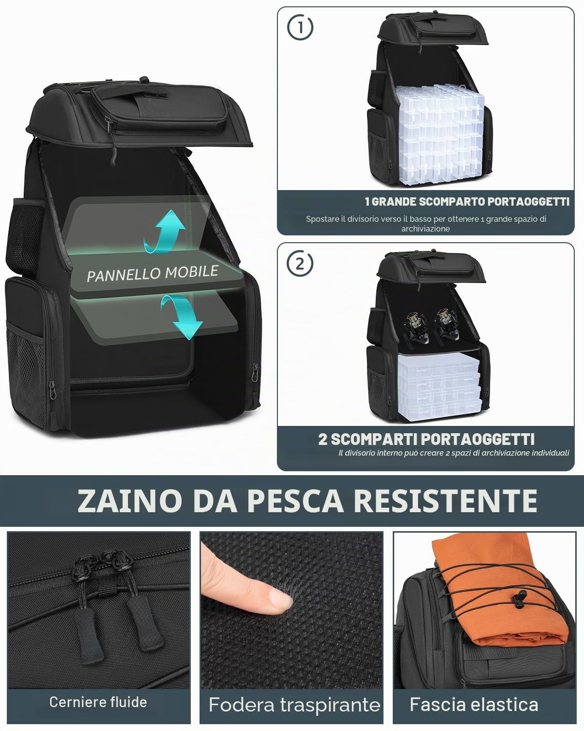Zaino da Pesca con Scatole (Incluse), Lure Fishing Bag Borsa per Pesca da 50 l con Vano Frigo, Scatola Impermeabile, Grande Fishing Backpack per Campeggio e Avventure All'aria