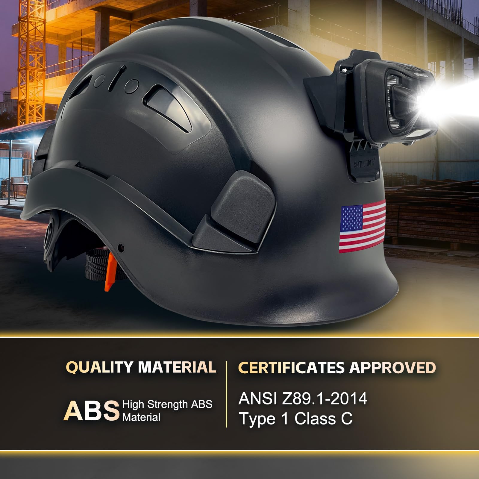 SAFEBUILDER Casco de seguridad de construcción con faro, casco duro, ventilación ajustable, protección de cabeza de trabajo, certificado ANSI/ISEA Z89.1