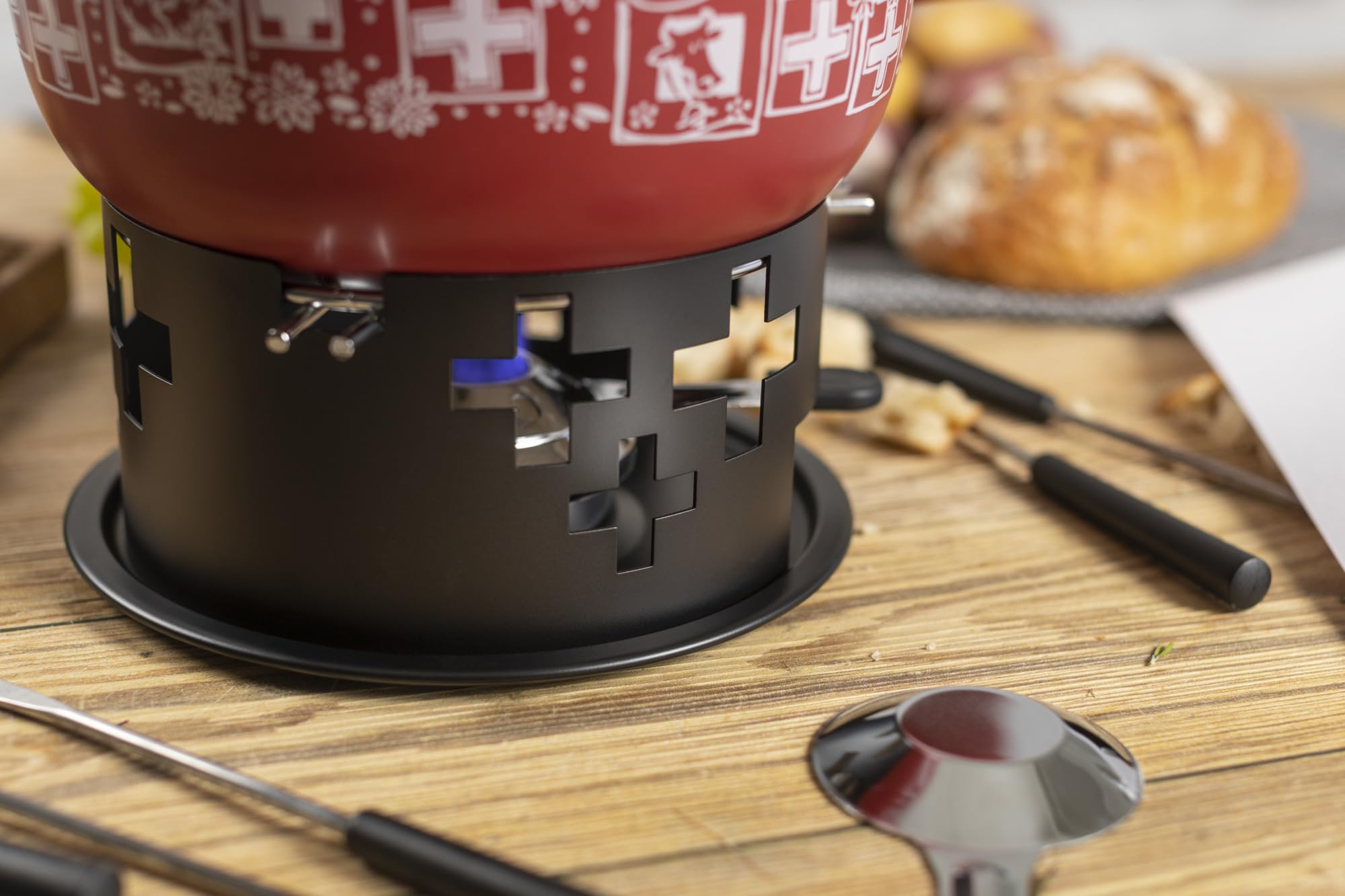 KUHN RIKON Suisse - Fondue de queso (23 cm de diámetro, 2,6 litros, ideal para 4-6 personas, incluye 6 tenedores, hornillo y quemador de pasta (sin pasta combustible)